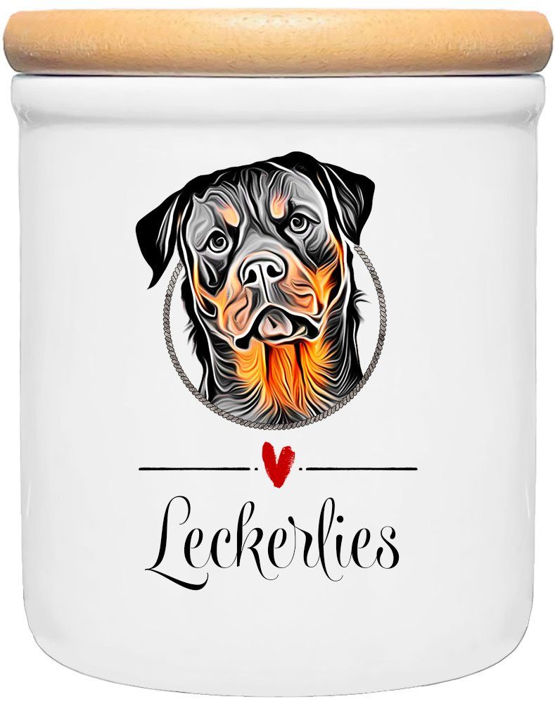 Cadouri Vorratsdose ROTTWEILER - Leckerlidose Hund - für Hundekekse, Keramik, (Leckerlidose mit Hunderasse, 2-tlg., 1x Keramikdose mit Holzdeckel), Hundekeksdose, handgefertigt in Deutschland, für Hundebesitzer, 400 ml