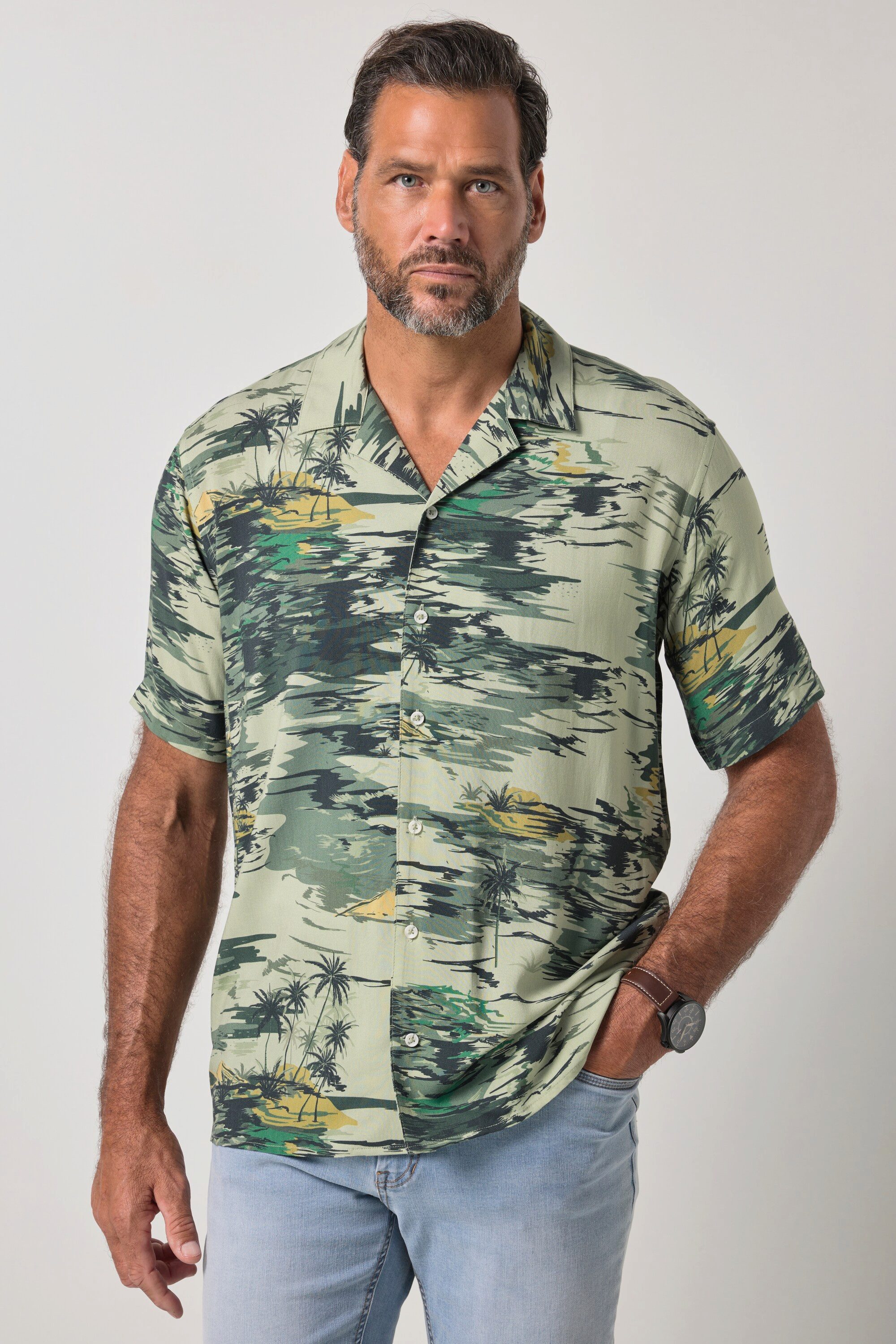 Kurzarmhemd Hemd Halbarm Alloverdruck Cuba-Kragen Cuba Fit