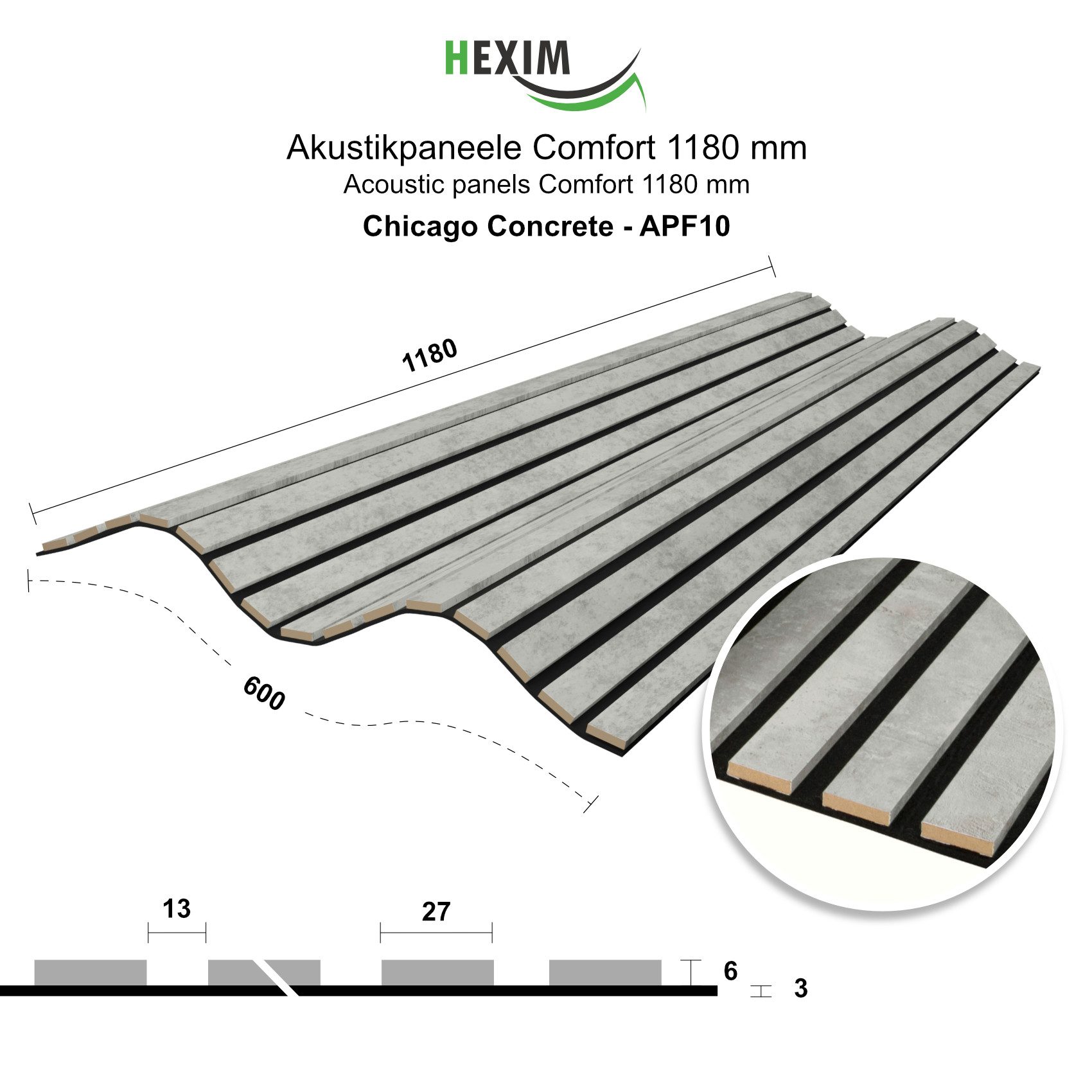 Hexim Wanddekoobjekt APF10 (Akustikpaneele 118x60cm Holz Comfort - flexible Holzpaneele Platten Lamellenwand MDF Wandpaneele Lamellenverkleidung Wandverkleidung schalldämmend 0.71m² Chicago Concrete)