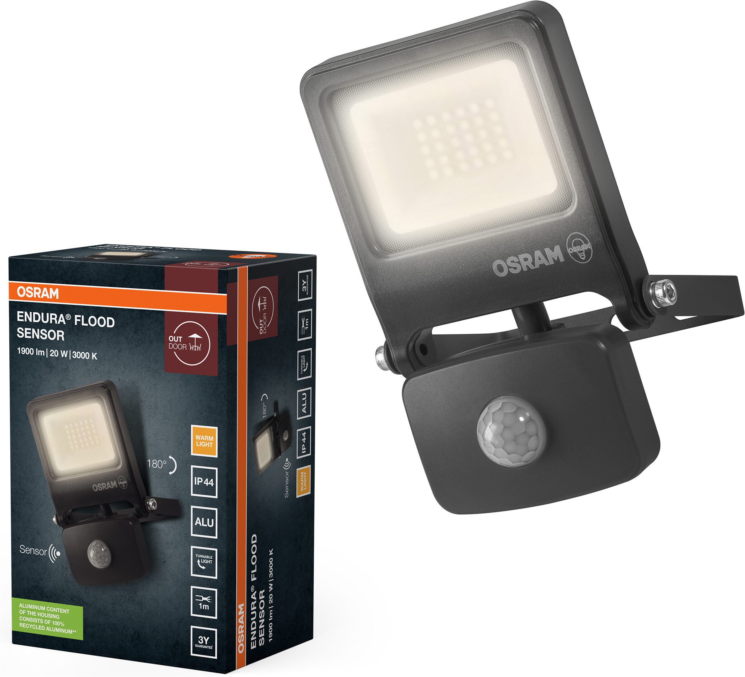 Osram LED Flutlichtstrahler ENDURA® Flood Warm White PCR, LED fest integriert, Warmweiß, grau, LED-Modul, Aluminium