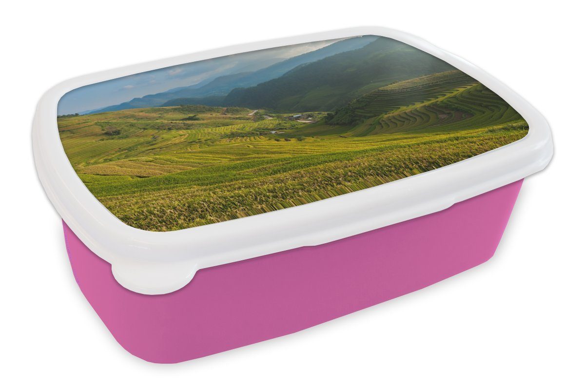 Brotdose rosa Snackbox, Erwachsene, Brotbox Bali, (2-tlg), auf Kinder, Lunchbox für Kunststoff MuchoWow Reisfelder Kunststoff, Mädchen,