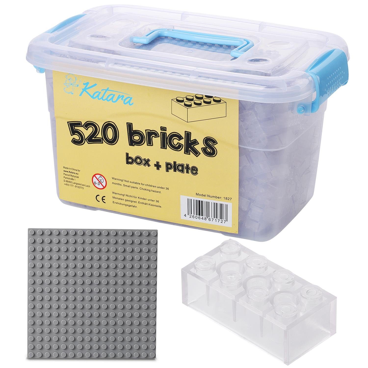 Katara Konstruktionsspielsteine Bausteine Box-Set mit 520 Steinen + Platte + Box, (3er Set), Transparent, 100% Kompatibel Sluban, Papimax, Q-Bricks, LEGO®