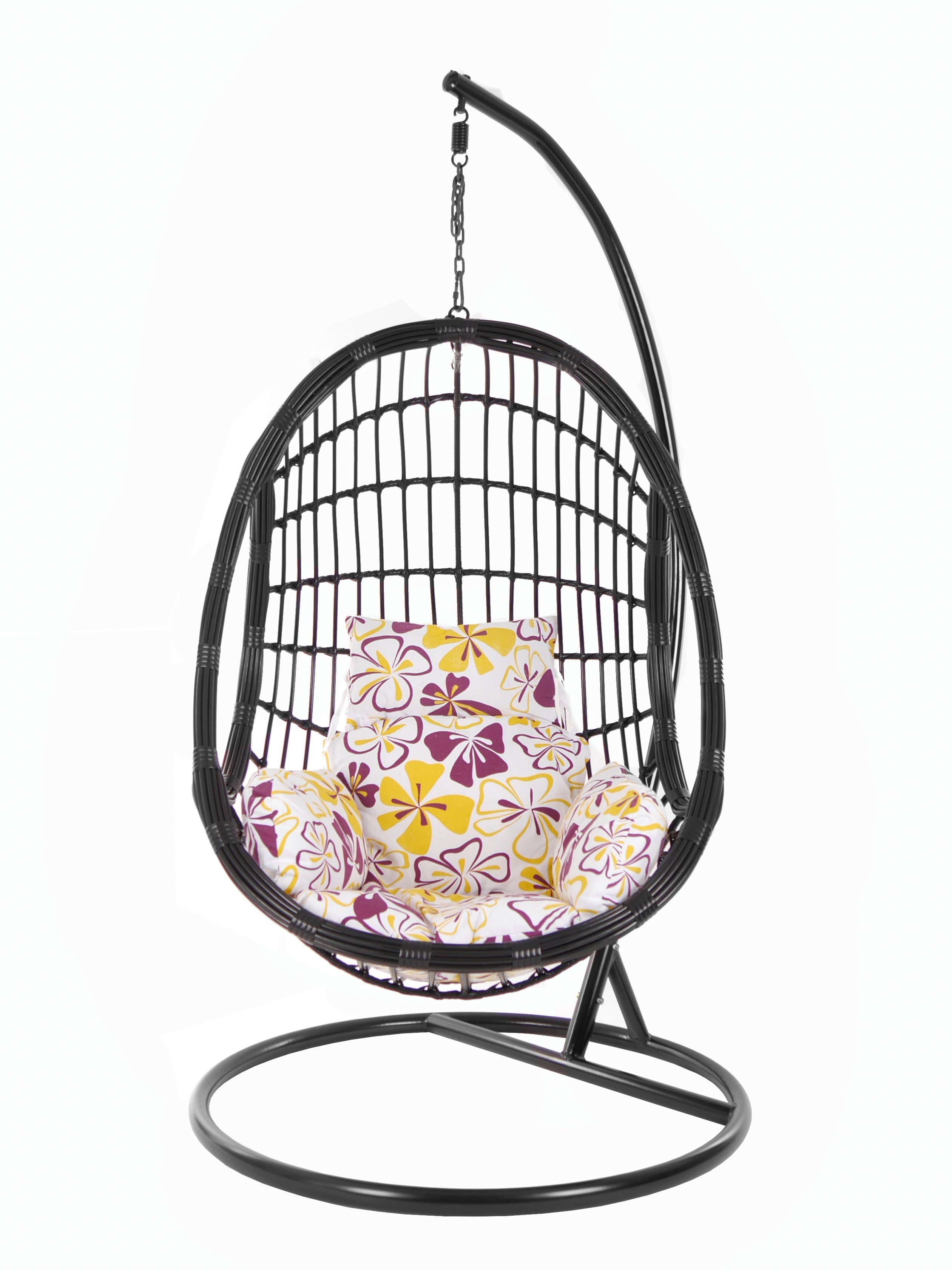 blumenmuster Gestell Swing KIDEO Loungemöbel, black, und Hängesessel Chair, flower Hängesessel (1085 Schwebesessel, love) mit Muster Kissen, Schwarz, PALMANOVA