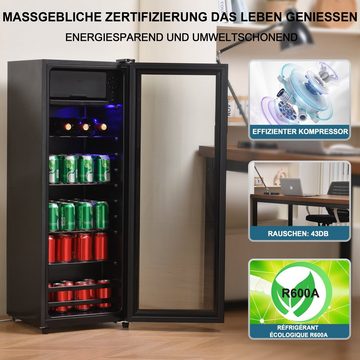 Merax Kühlschrank 128L mit Gefrierfach, Glastür, LED-Beleuchtung, verstellebare Ablage, Getränkekühlschrank SC-128P, 110 cm hoch, 40 cm breit, Mini Kühlschrank, Kühl- und Gefrierfunktion, freistehend