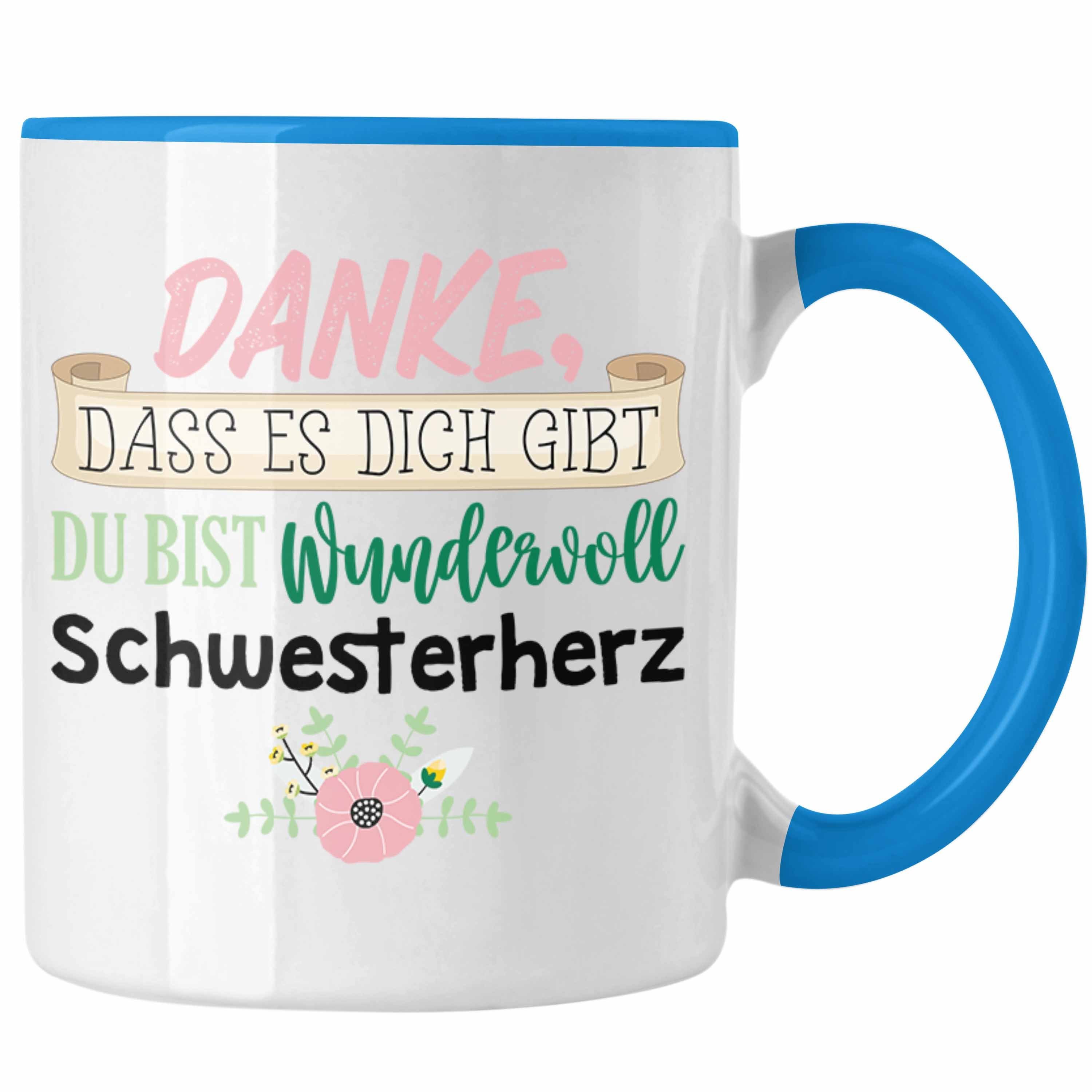 Trendation Tasse Trendation - Danke, Dass Es Dich Gibt Schwester Tasse Geschenk Schwesterherz Lustiger Spruch Geburtstag Schwester Blau