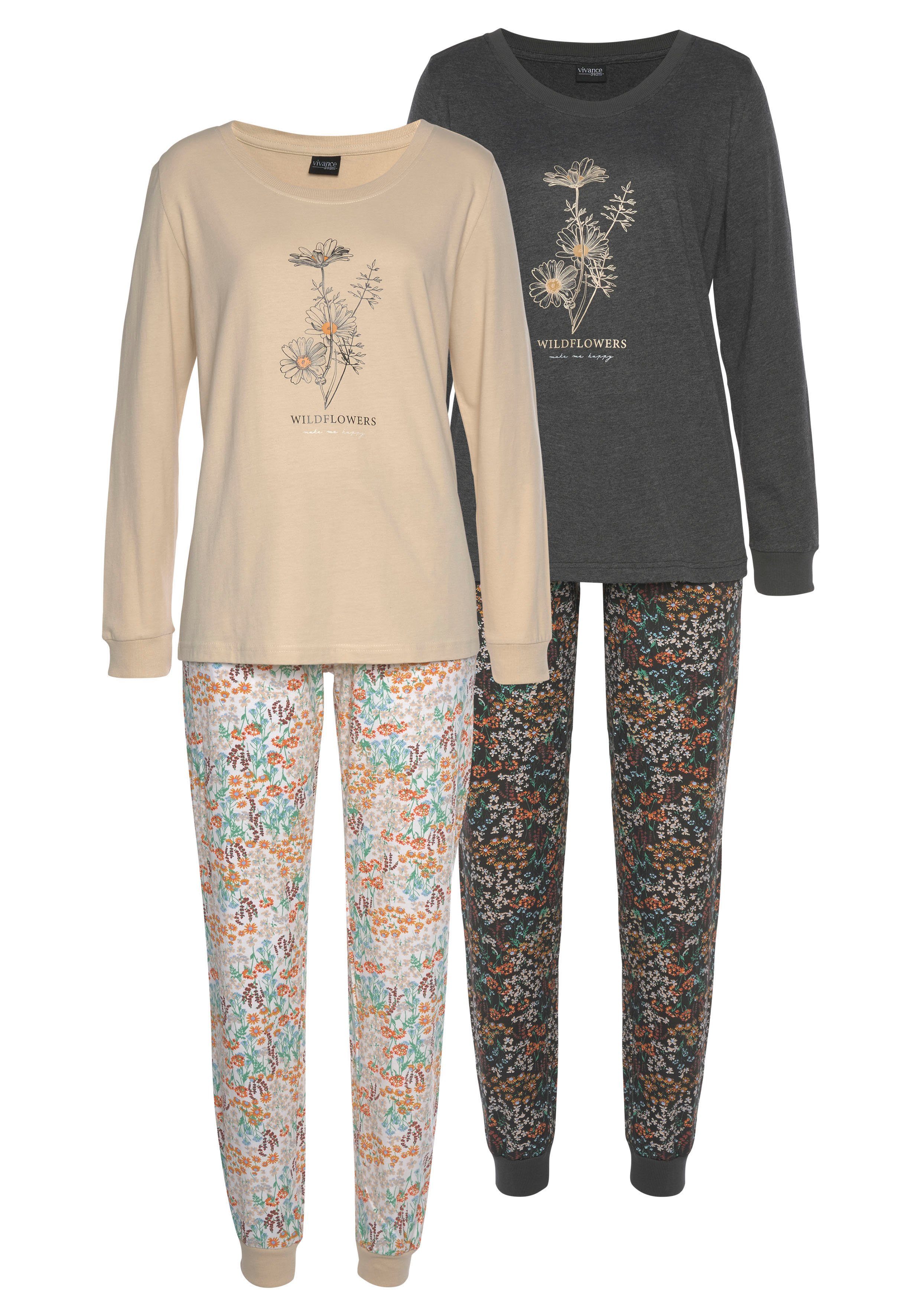 Vivance Dreams Pyjama (Packung, dunkelgrau-geblümt mit Frontdruck sand-geblümt, tlg., Stück) 4 2