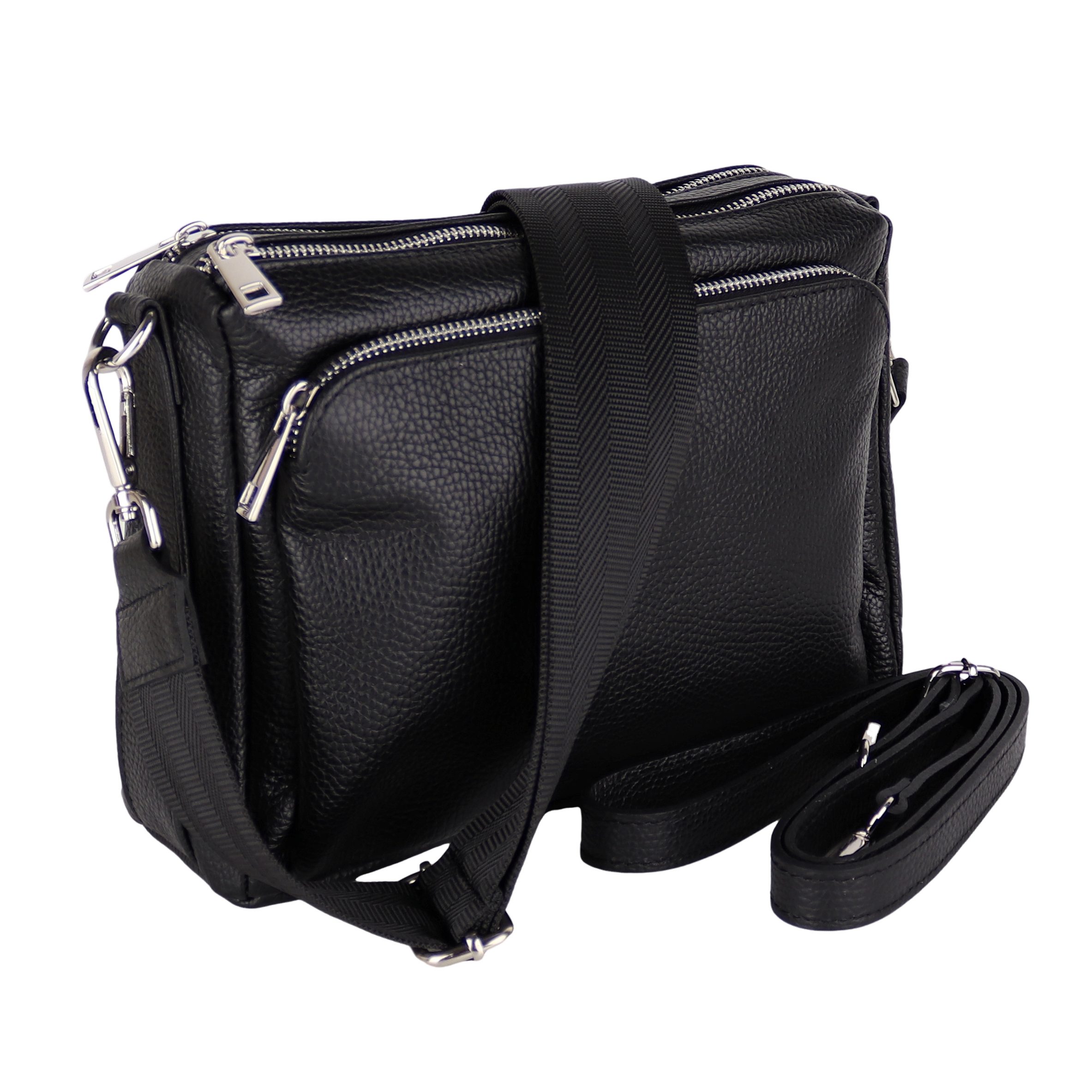 MIRROSI Umhängetasche Damen, Echtleder, Leder, Made in Italy, Mittelgroß, (Schultertasche für jeden Anlass (1 Tasche mit 1 oder 2 Gurte), 27x19x10cm, Drei Hauptfächer mit Reißverschluss), Crossbody Bag, Schwarz, gemusterten& verstellbaren Schulterriemen. Reduzierter Preis € 74,95. Unverbindliche Preisempfehlung € 99,95, (€ 74,95 pro 1 Stk)