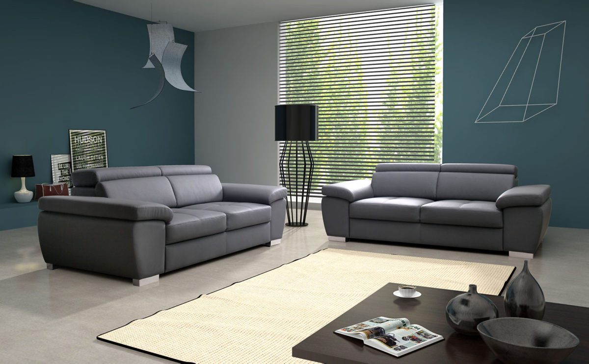 2-Sitzer Elegantes Sofa in Grauem Kunstleder mit verstellbaren Kopfstützen