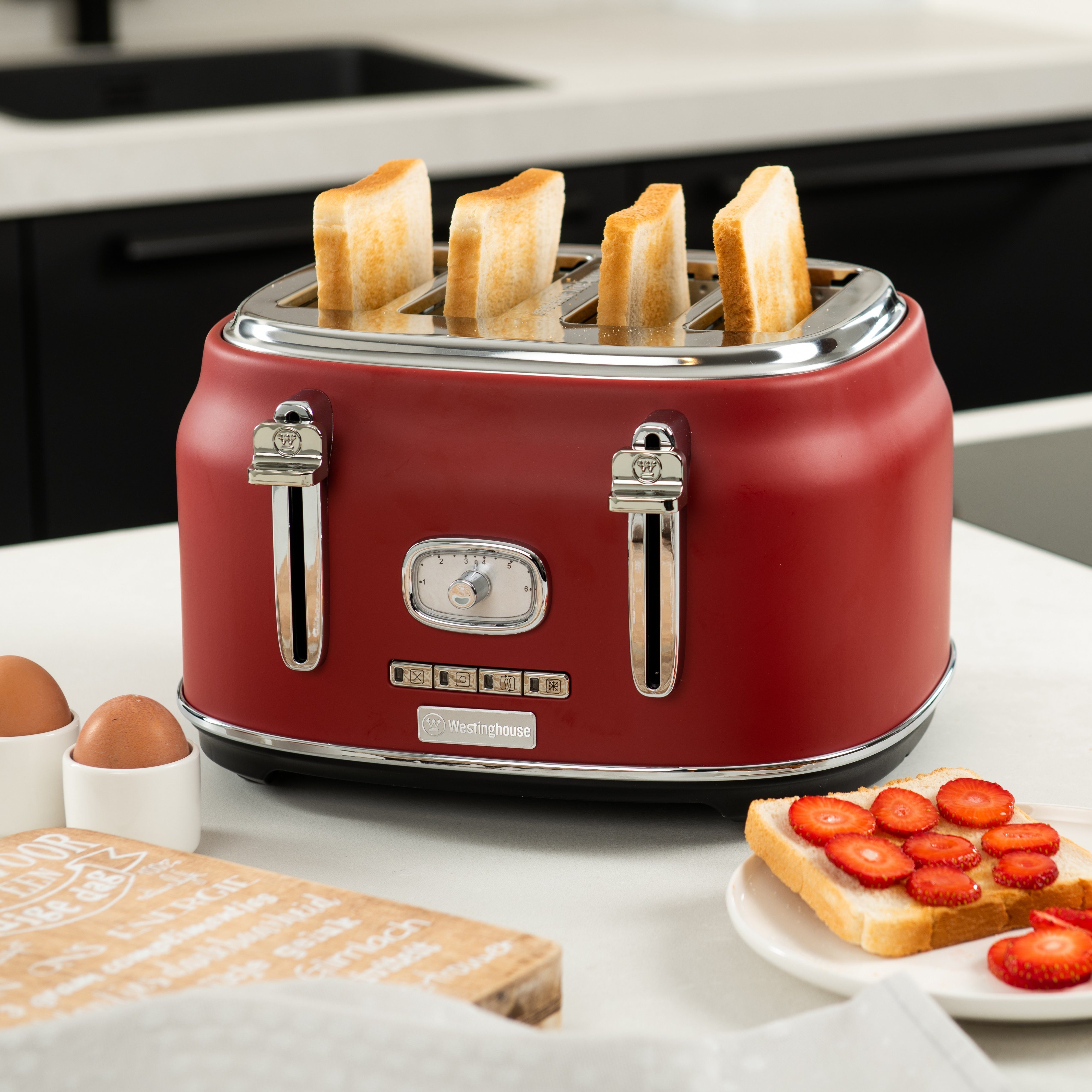 Wasserkocher Schlitze, Toaster 1,7 rot 360° Retro Volumen Westinghouse 4 1750 4 2200 Scheiben, kurze W für W, L Sockel Früstücksset,