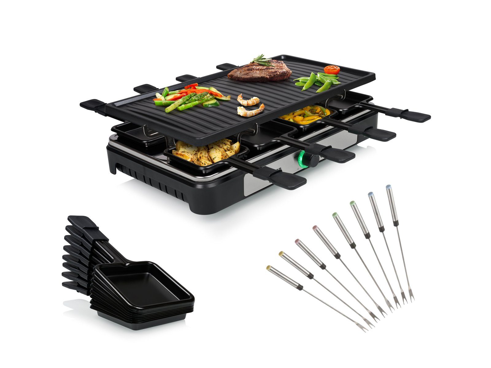 Tristar Raclette, 8 Raclettepfännchen, Gerät für 2-8 Personen Tischgrill Griddle Grillplatte, 8 Teppan Gabeln