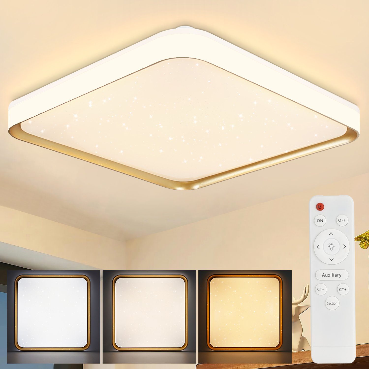 ZMH LED Deckenleuchte Eckige Sternenhimmel-Design 40cm CCT mit Fernbedienung 44W, dimmbar, LED fest integriert, warmweiß-kaltweiß, Weiß-Gold