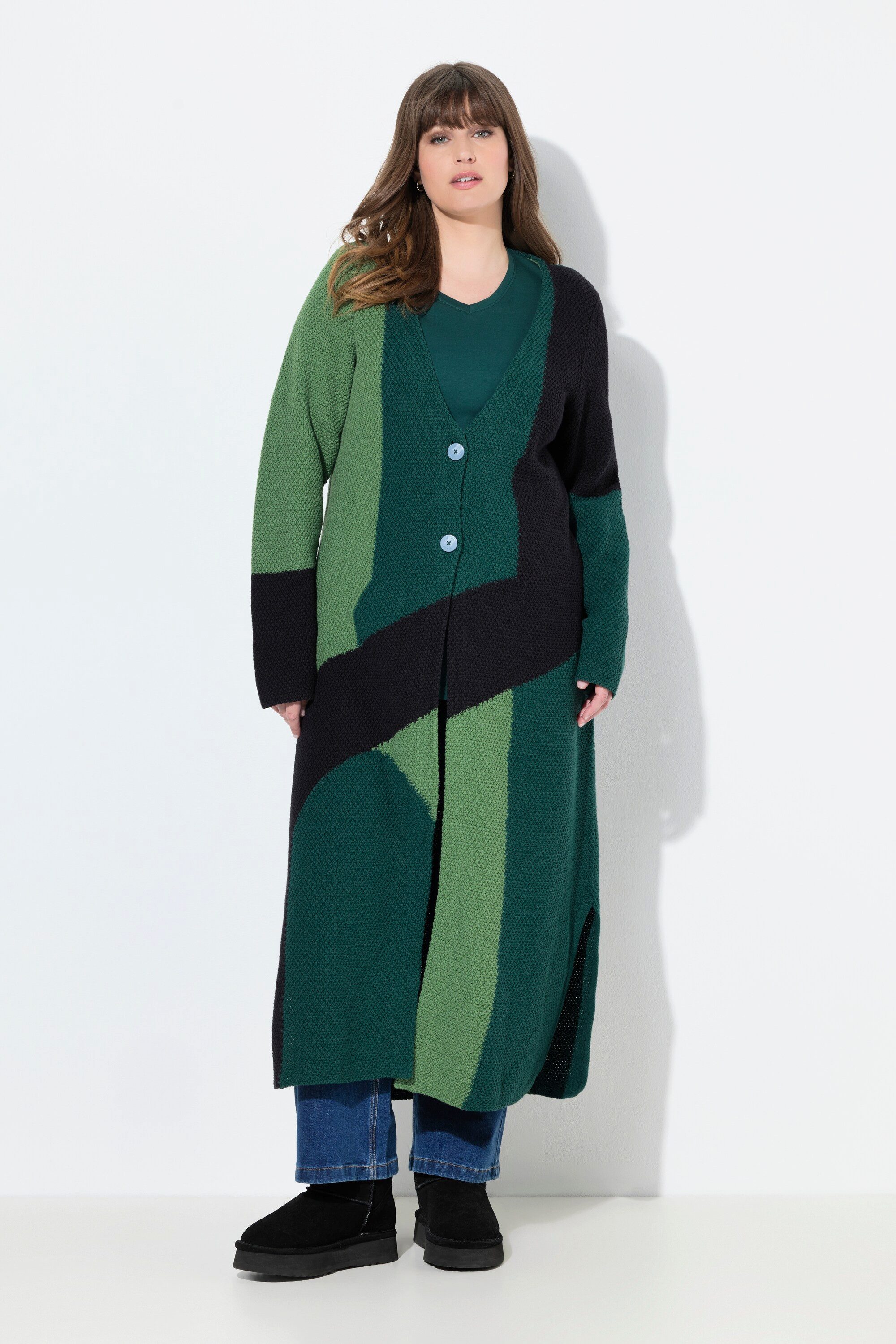 Ulla Popken Strickjacke Long-Strickjacke Struktur V-Ausschnitt günstig online kaufen