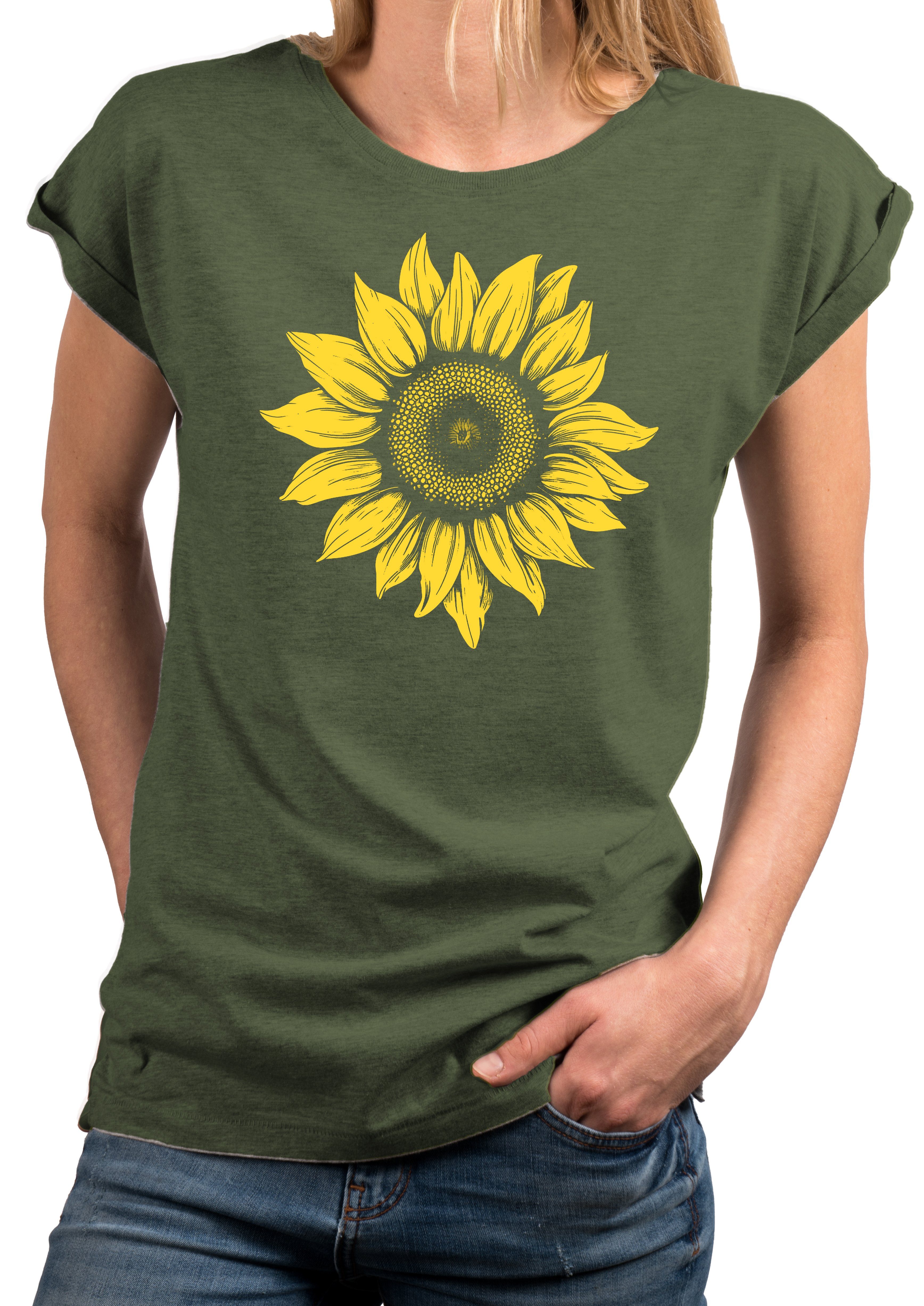 MAKAYA Print-Shirt Damen Blumenpint Sonnenblume Blumen Motiv Blumenmuster Sommer Top Baumwolle, große Größen Grün