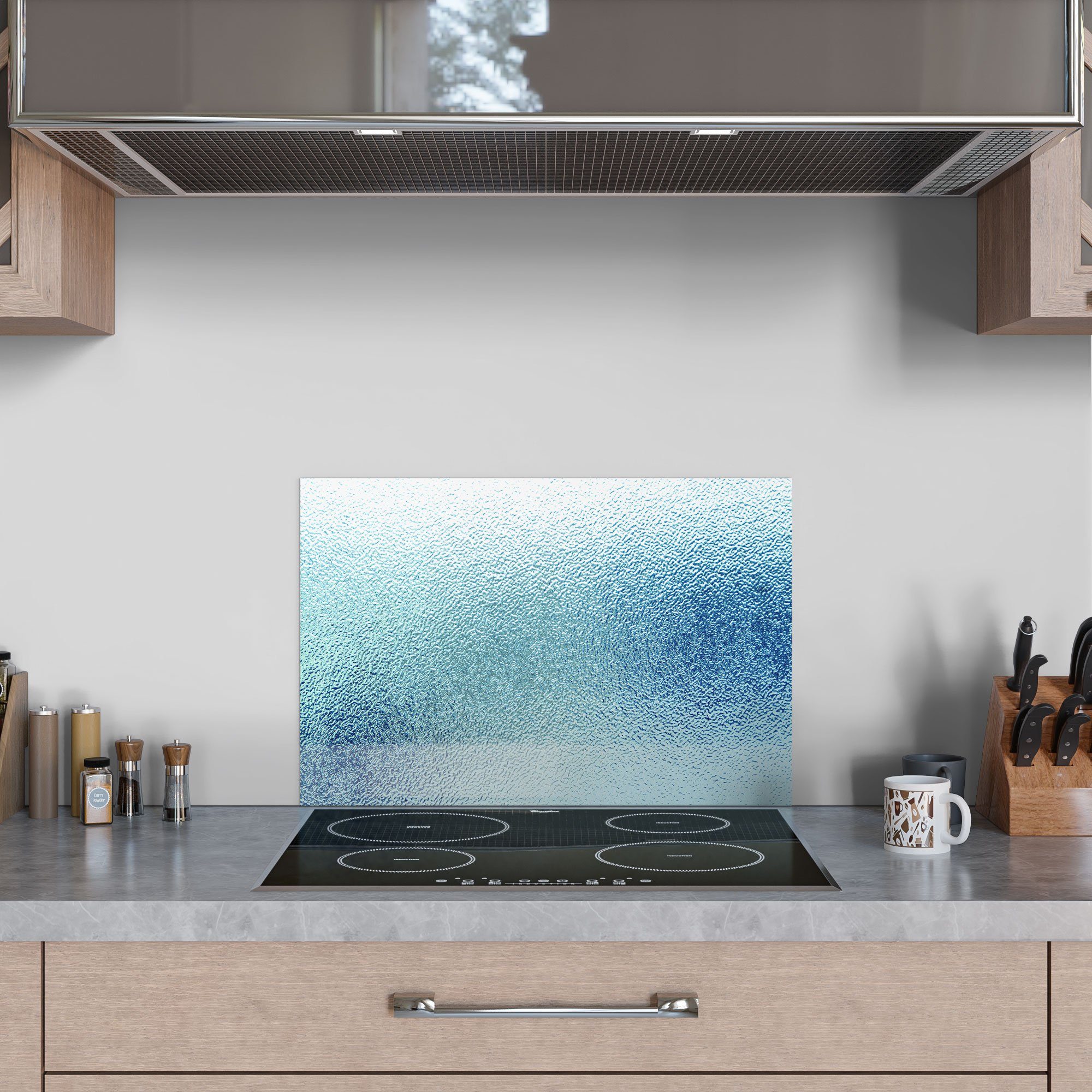 Herdblende Küchenrückwand mit DEQORI Spritzschutz Glas 'Milchglas Blaustich', Badrückwand