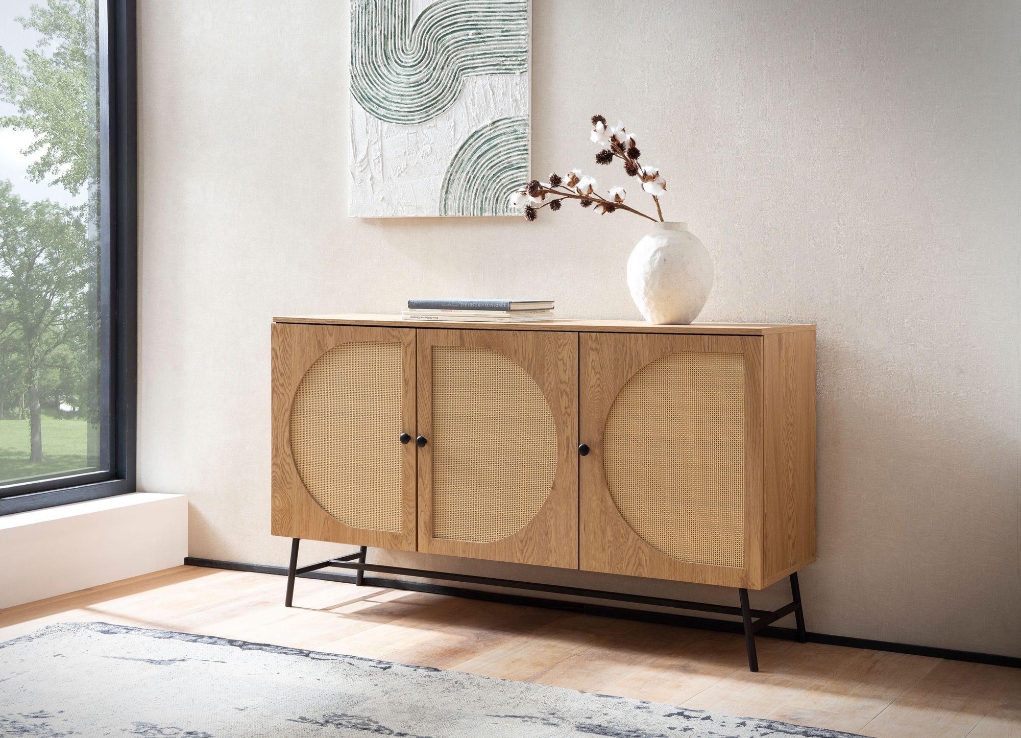 furnicato Sideboard Geflecht 140x80x39 cm Braun (1 St), Höhenverstellbare Einlegeböden Anrichte mit 6 Stauraumfächern