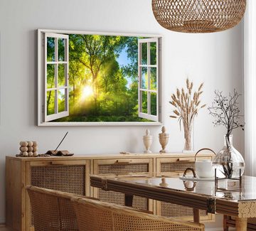 Sinus Art Leinwandbild Wandbild 120x80cm Fensterbild Sonnenstrahl Baumkronen Sonnenuntergang, (1 St)