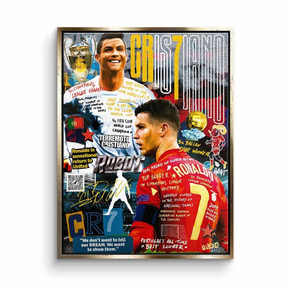 DOTCOMCANVAS® Leinwandbild, Leinwandbild CR7 DOTCOMCANVAS Collage Pop Rahmen silberner Cristiano Art Ronaldo