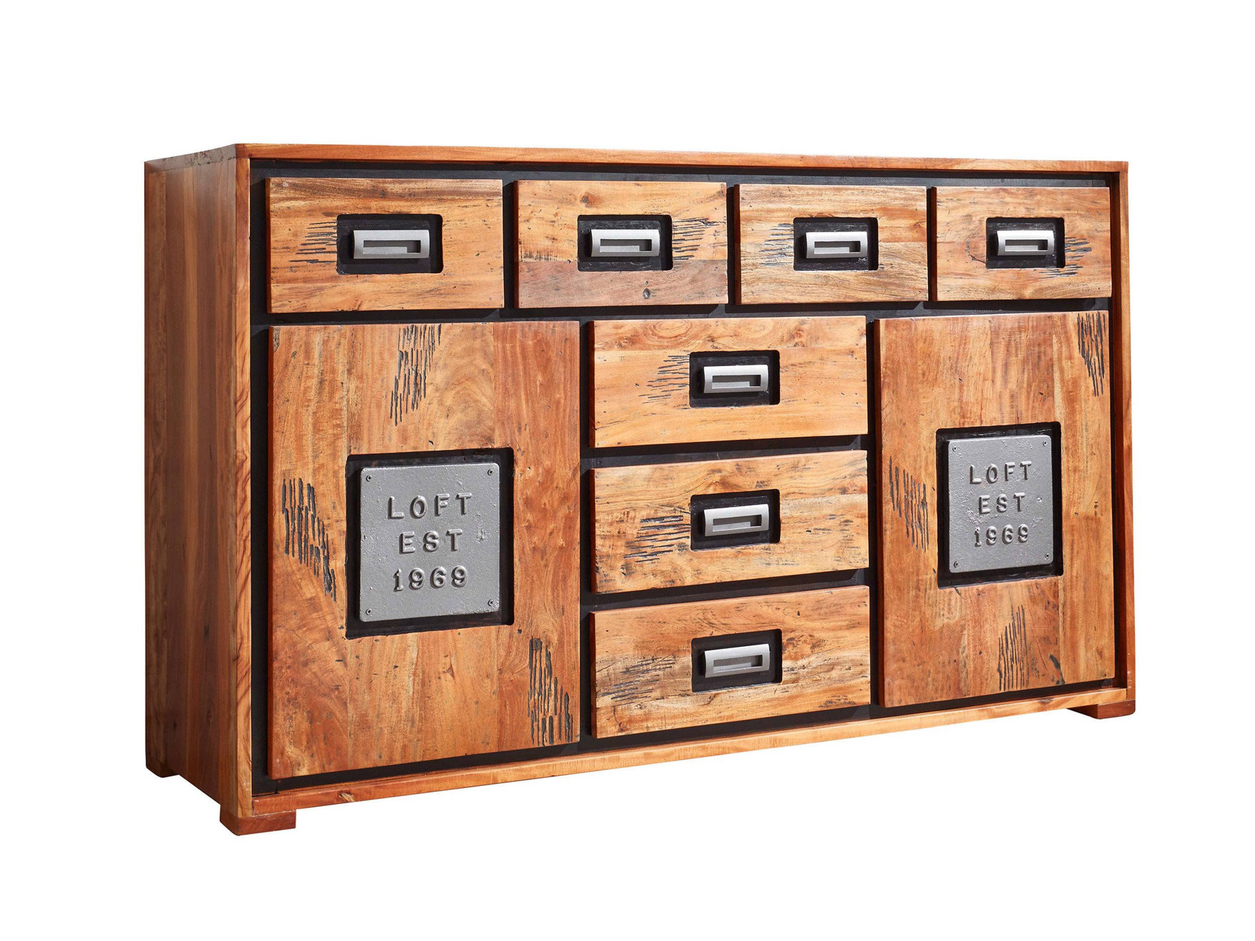Massivart® Sideboard 150 cm Breite Massivholz Akazie Altholz »NARVIK«, montiert · 7 Schubladen · 2 Drehtüren · Metallgriffe