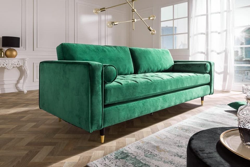LebensWohnArt Sofa Modernes 3er Sofa 220cm COMFORT grün Samt Federkern