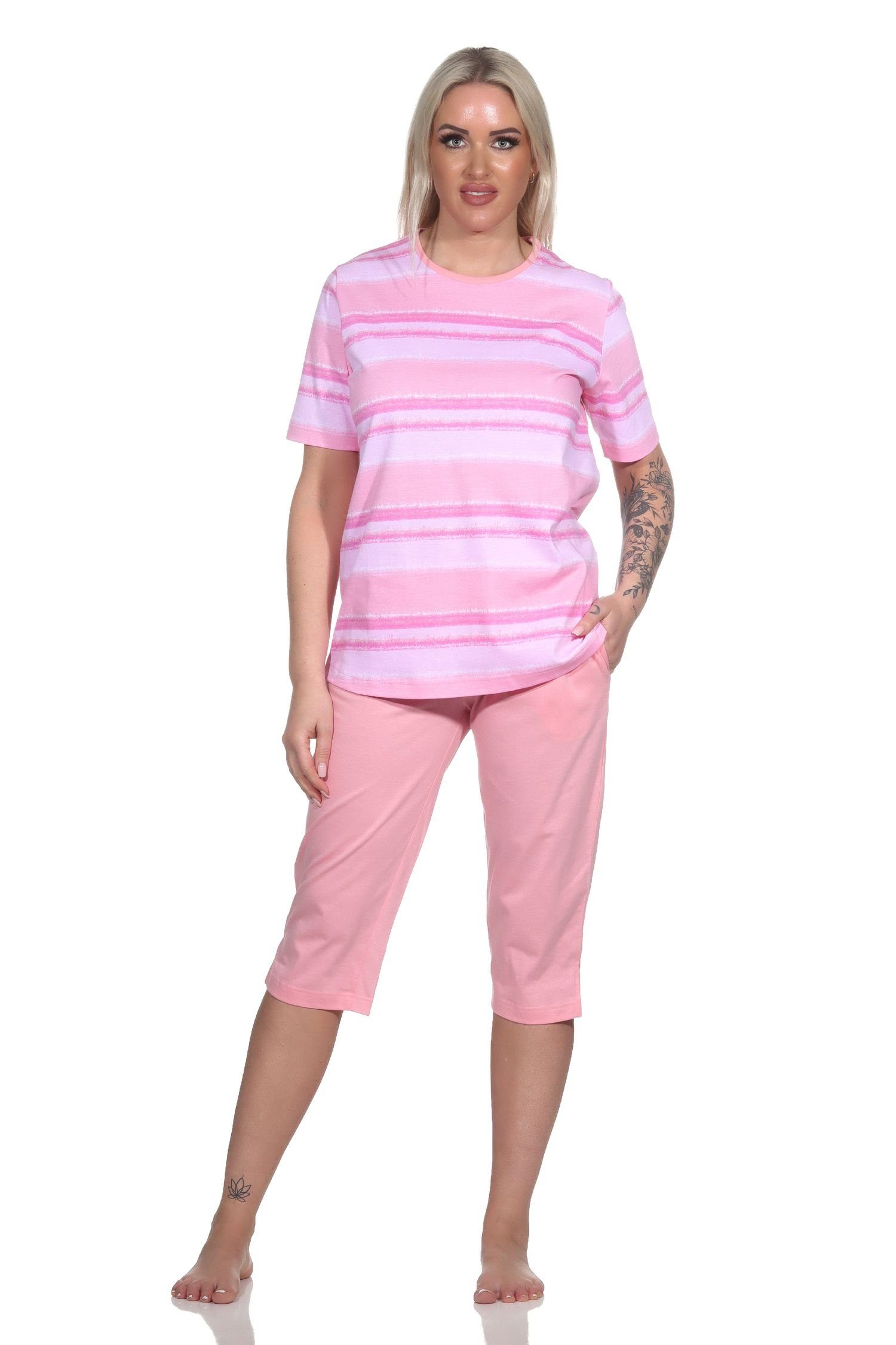 Normann Pyjama Damen Capri Schlafanzug Streifen im farbenfrohen Pyjama Look rosa kurzarm