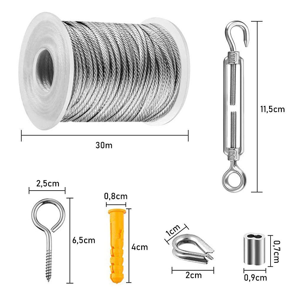 POPOLIC 56 Stück Drahtseil Set, 30M Stahlseil mit Ösen Haken, M5 Spannschlo günstig online kaufen