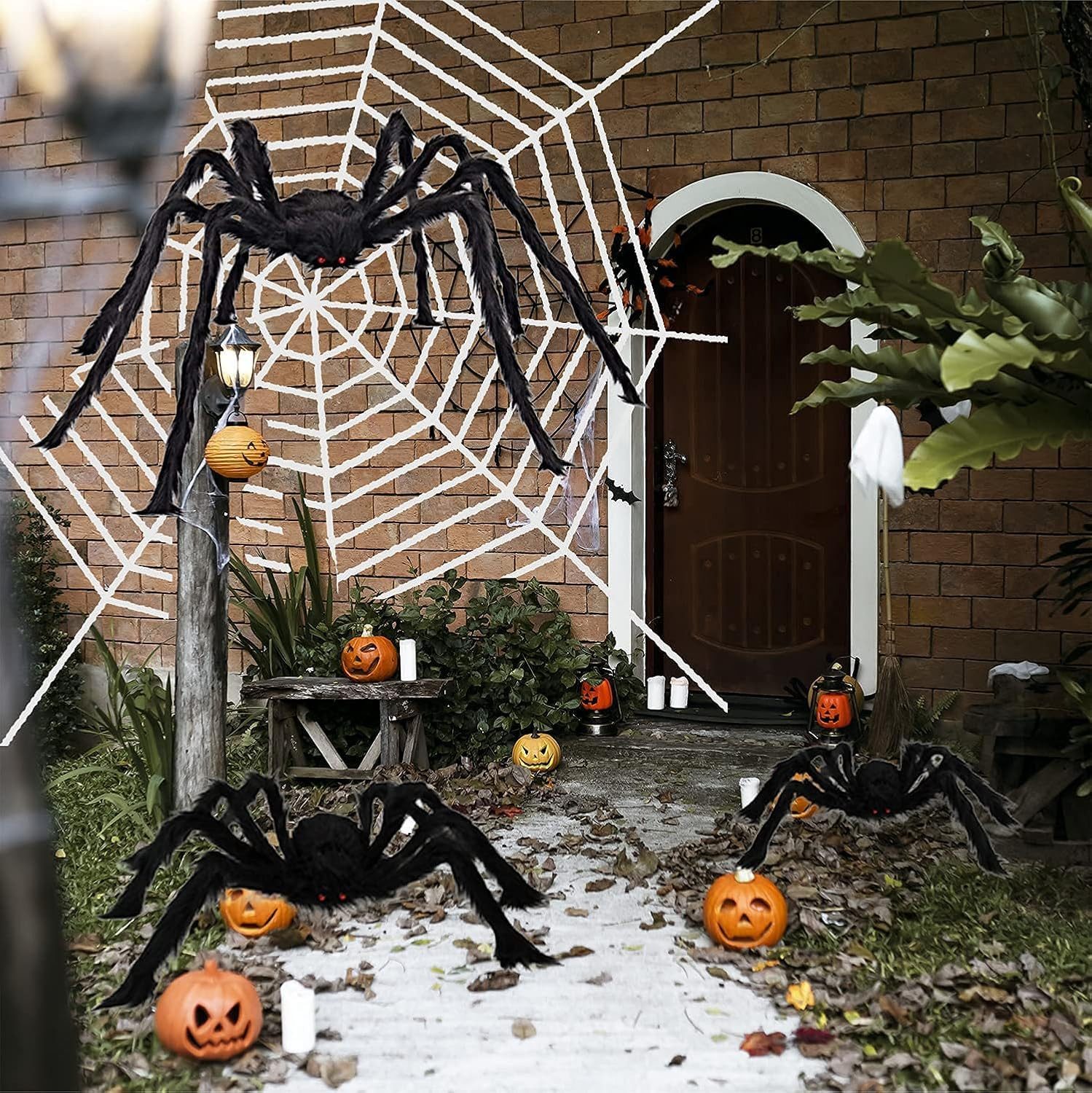 FOUORTUNATE-BEE Hängedekoration 3er Set Halloween Spinnen mit Spinnennetz, schwarze Gruseldeko Party, Große Halloween Spinnen mit Netz für Garten, Fenster und P – Bild 3 von 5