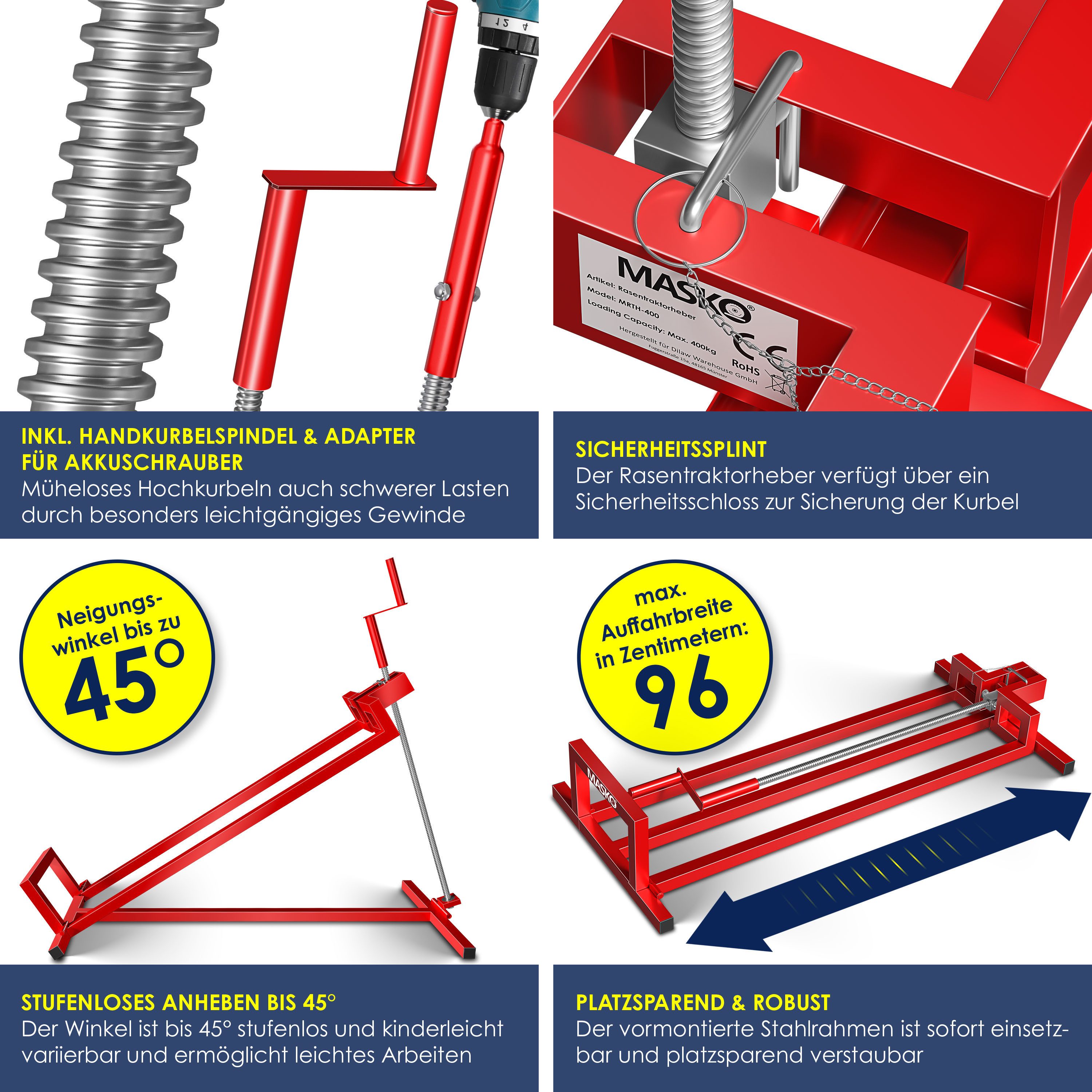 MASKO Rasentraktor Heber 450kg Hebevorrichtung für Aufsitzmäher mit Adapter inkl. Bürste, Rasentraktorheber, universelle Reinigungshilfe, Hebebühne für Quad
