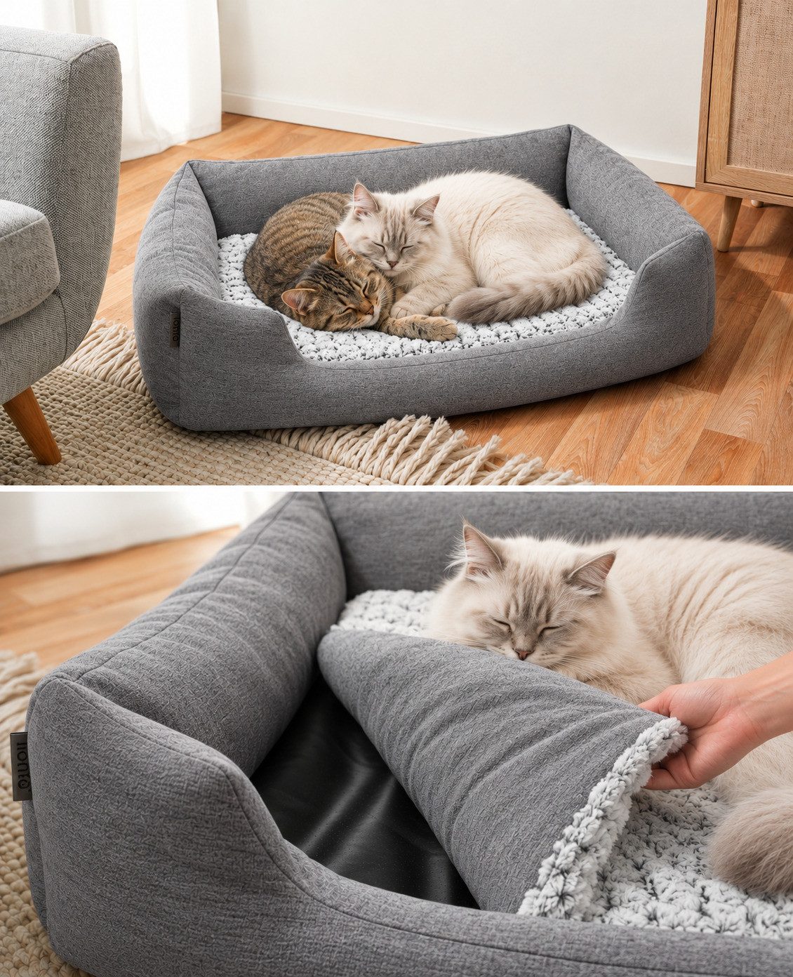lionto Katzenliege, Katzenbett mit tiefem Einstieg & rutschfestem Boden, 110x80 cm grau, Textil, Stilvolles Kuschelkörbchen mit Wendekissen