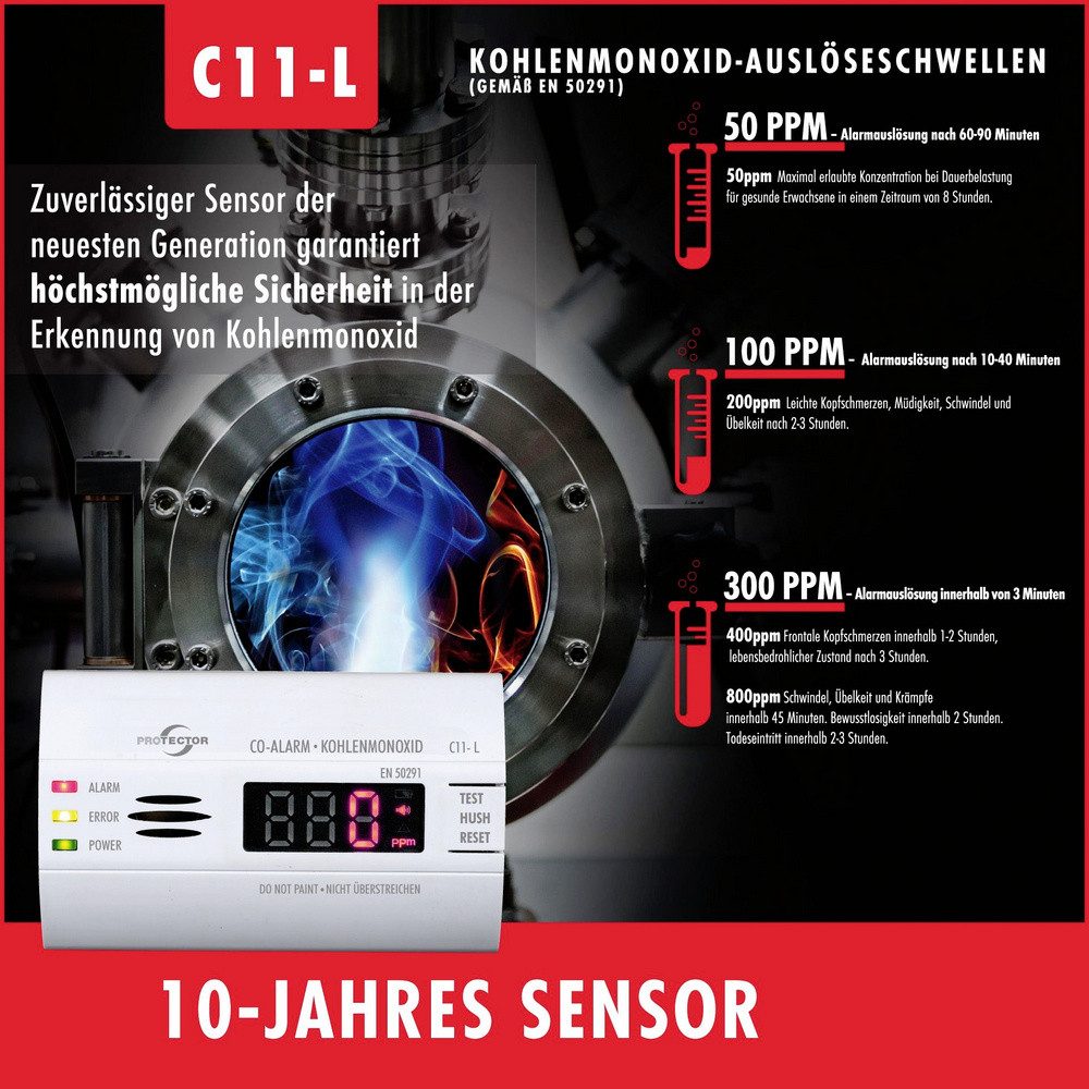 Protector Protector C11-L Kohlenmonoxid-Melder batteriebetrieben detektiert Ko Gasmelder