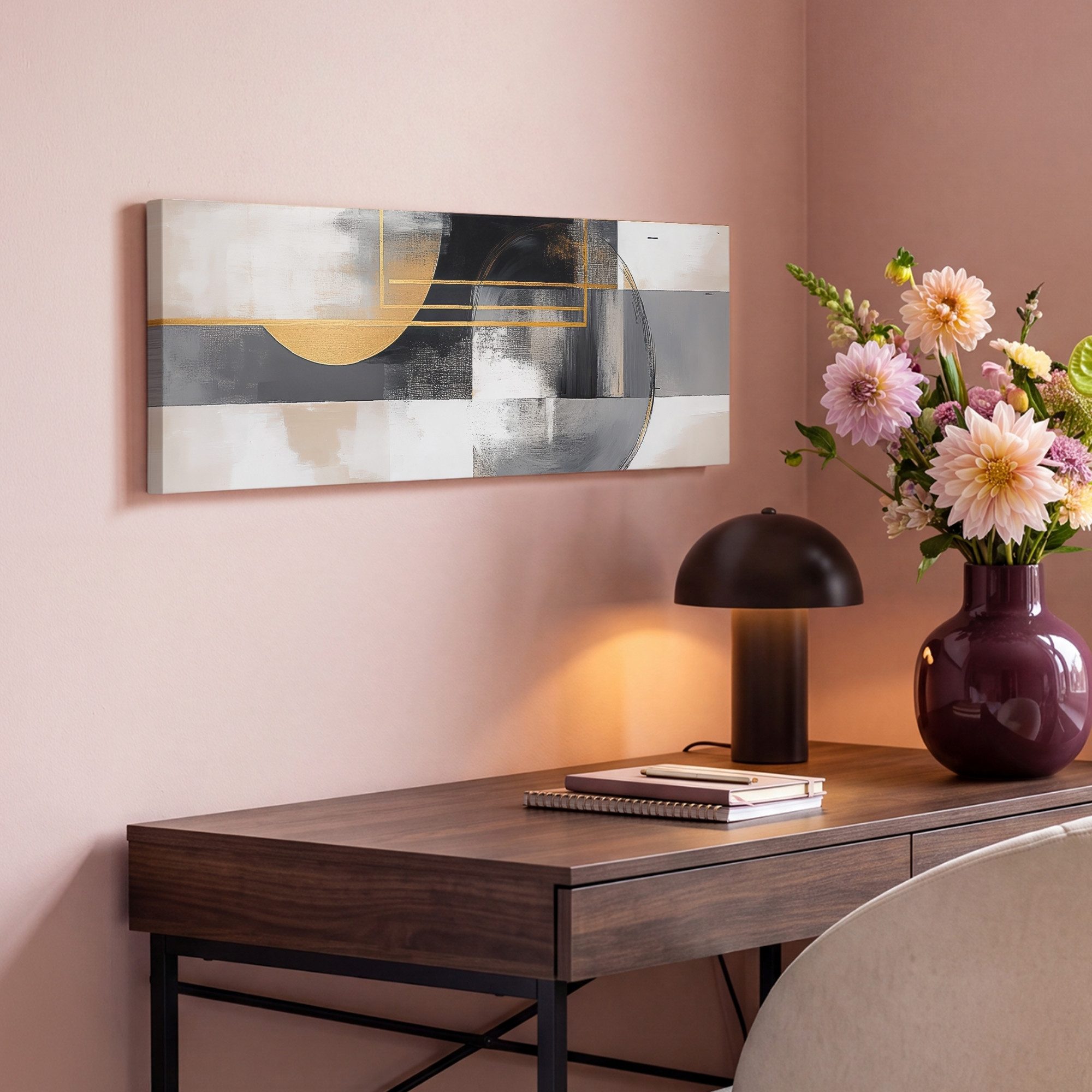 OneMillionCanvasses® Leinwandbild Panorama Abstrakt - Gold - Silber - Formen - Ästhetisch - Modern, Fotodruck (1 St), Wandbild, Deko Schlafzimmer Wohnzimmer Flu – Bild 4 von 5