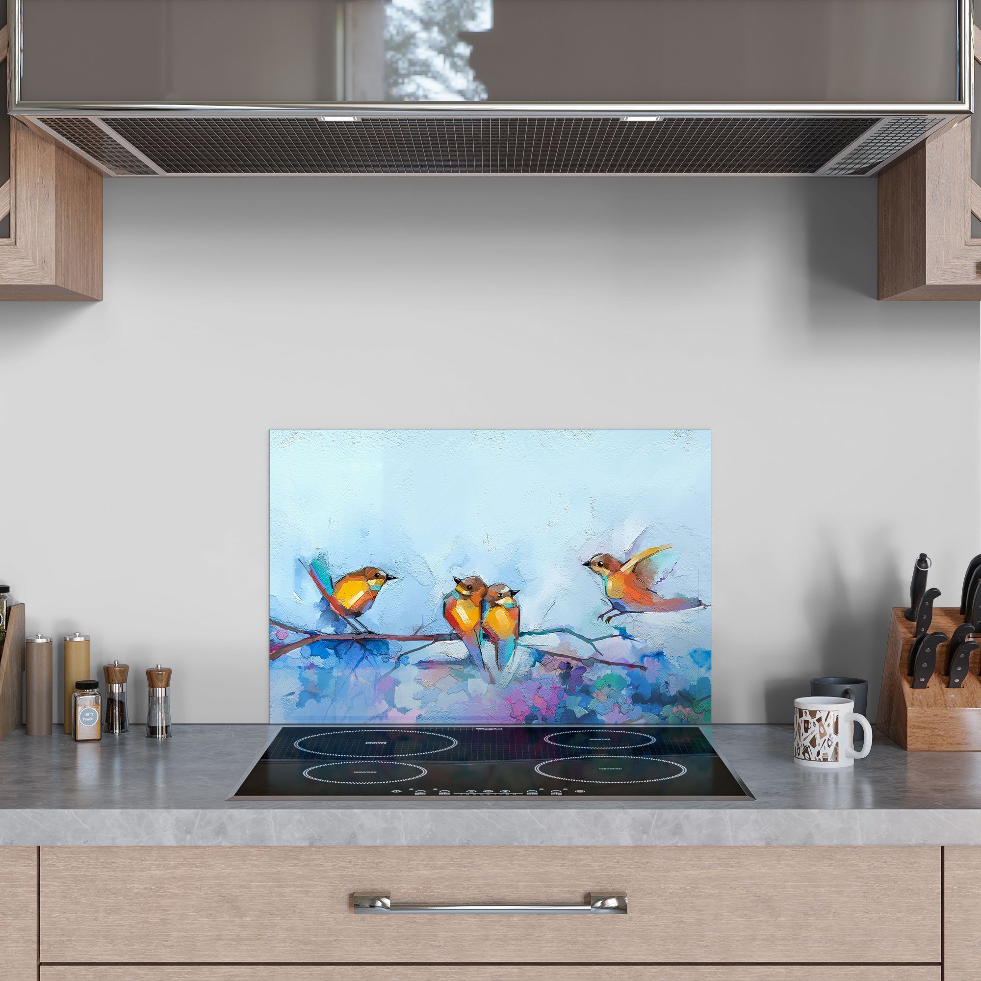 Glas Vögel Ast', auf Küchenrückwand 'Vier DEQORI Herdblende Spritzschutz Badrückwand