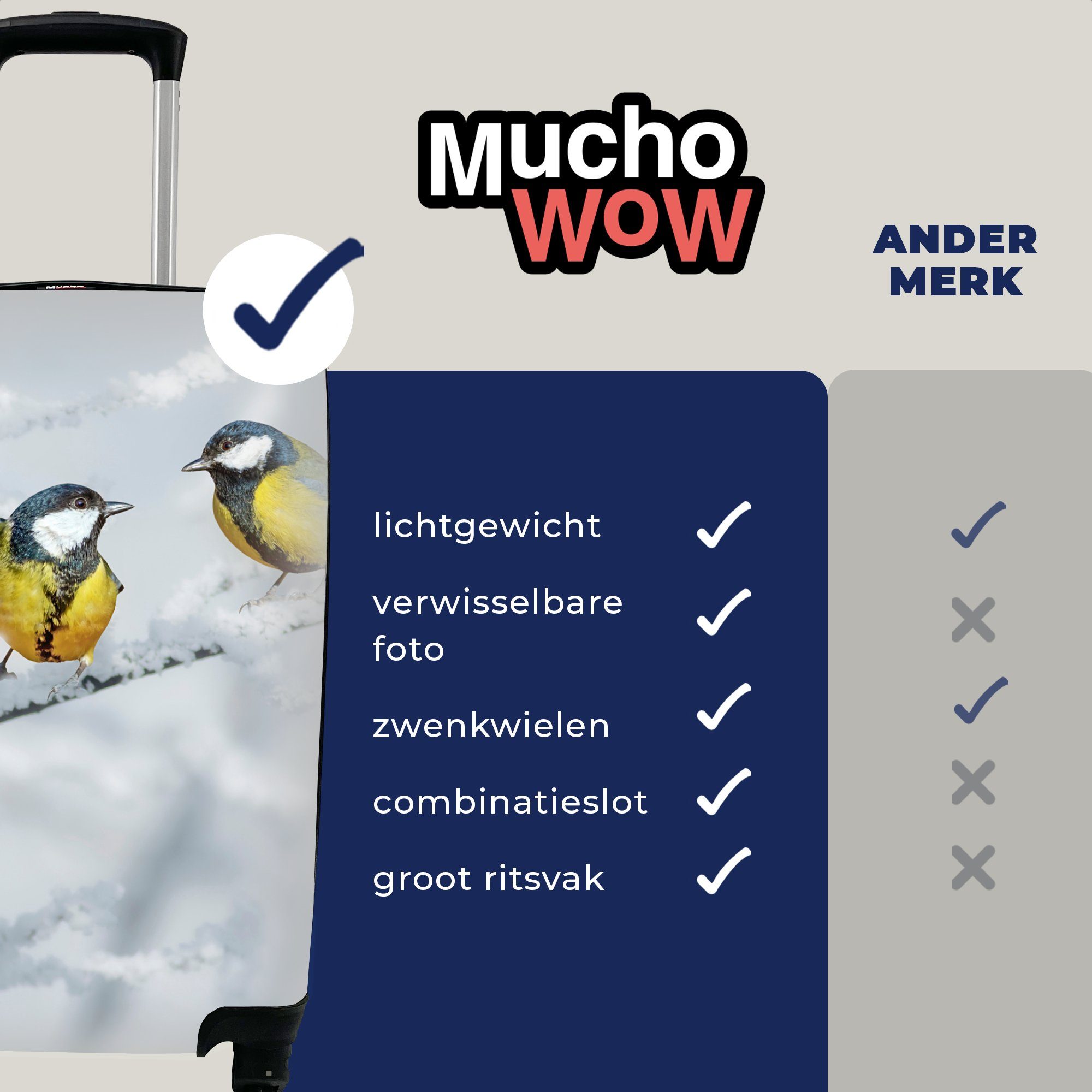 Handgepäck für Reisekoffer MuchoWow Winter Reisetasche - Schnee Rollen, rollen, - mit 4 Ferien, Trolley, Handgepäckkoffer Kohlmeise - - Zweige, Vogel