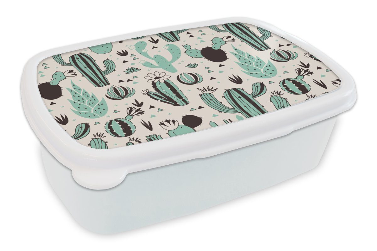 MuchoWow Lunchbox Kaktus - Muster - Blumen, Kunststoff, (2-tlg), Brotbox für Kinder und Erwachsene, Brotdose, für Jungs und Mädchen weiß