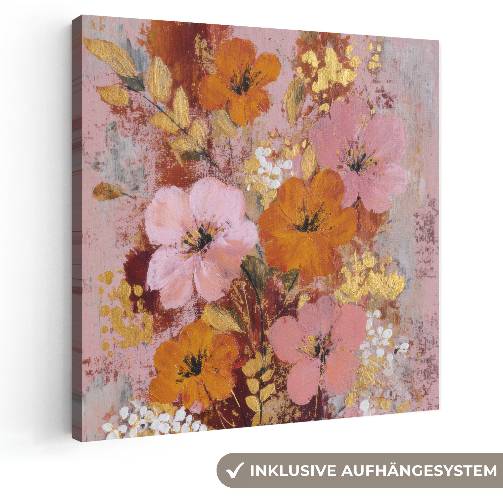 OneMillionCanvasses® Leinwandbild Malerei - Blumen - Rustikal - Rosa, Fotodruck (1 St), Wandbild, Deko Schlafzimmer Wohnzimmer Flur 20x20 cm