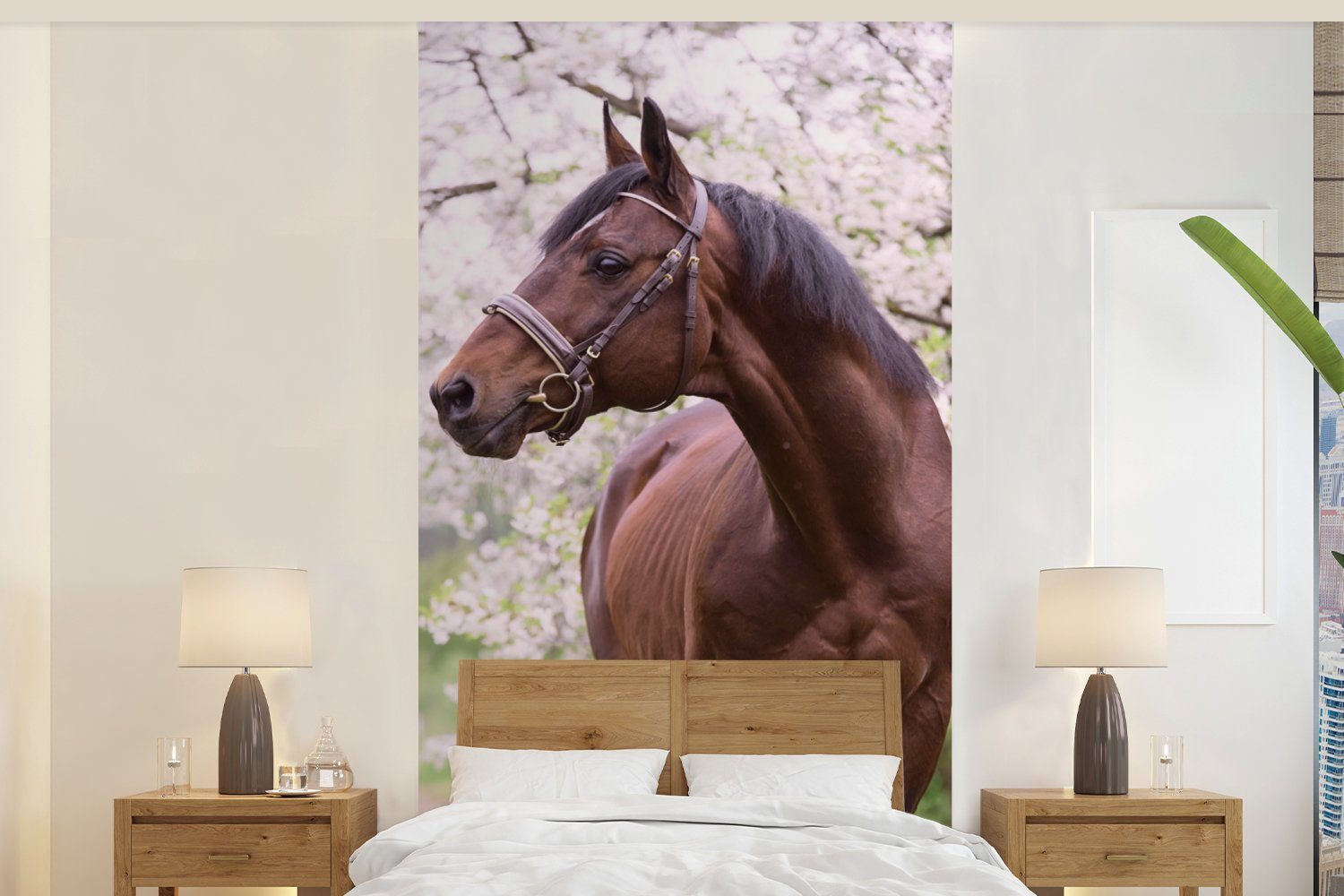 MuchoWow Fototapete Pferd - Sakura - Halfter, Matt, bedruckt, (2 St), Vliestapete für Wohnzimmer Schlafzimmer Küche, Fototapete