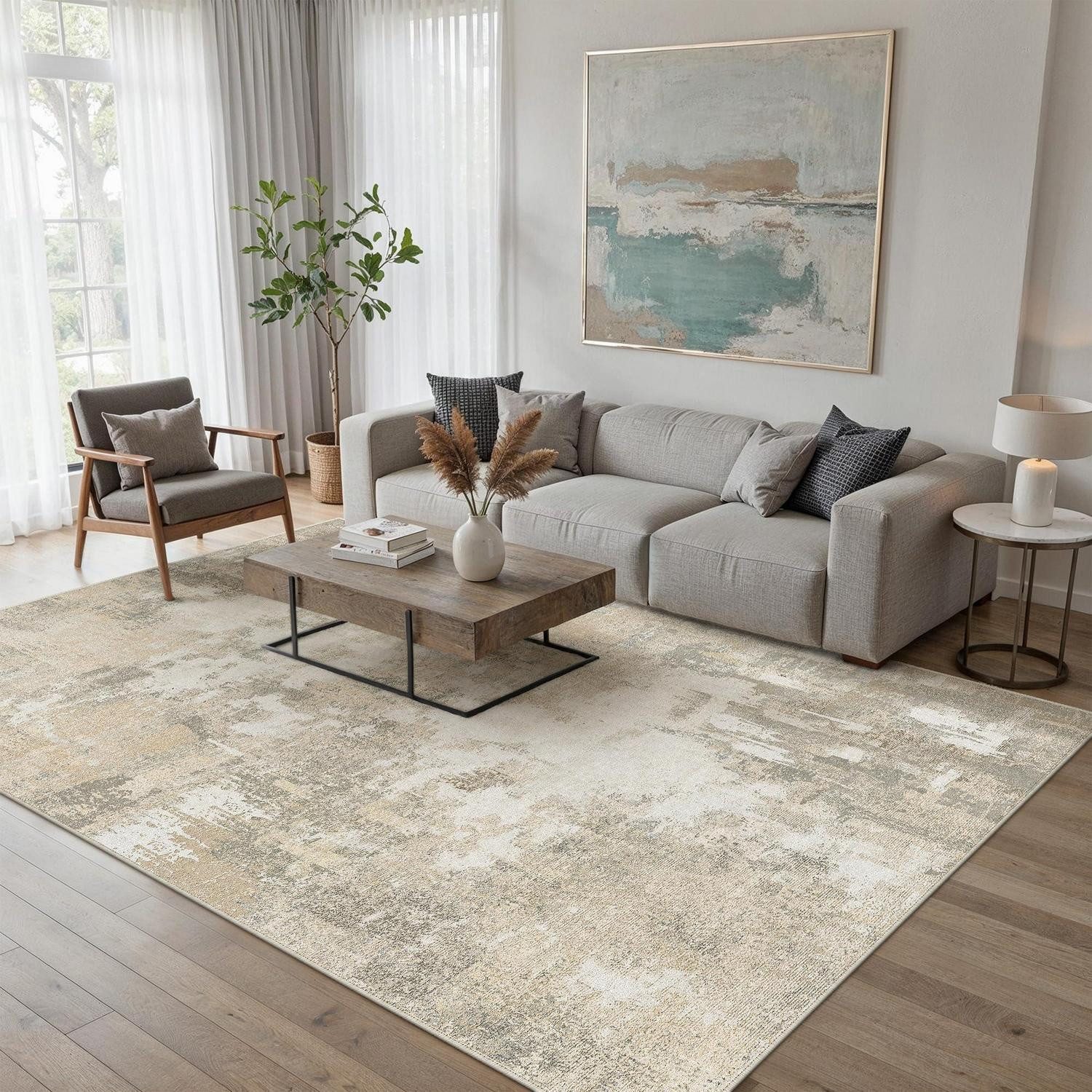 LuxusKollektion Teppich Teppich Abstrakt Beige 160x230cm rutschfest waschbar, rechteckig, Höhe: 5 mm