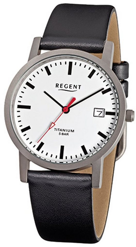 mittel Lederarmband Regent Herren schwarz Quarzuhr (ca. Armbanduhr rund, 34mm), Analog, Regent Herren-Armbanduhr