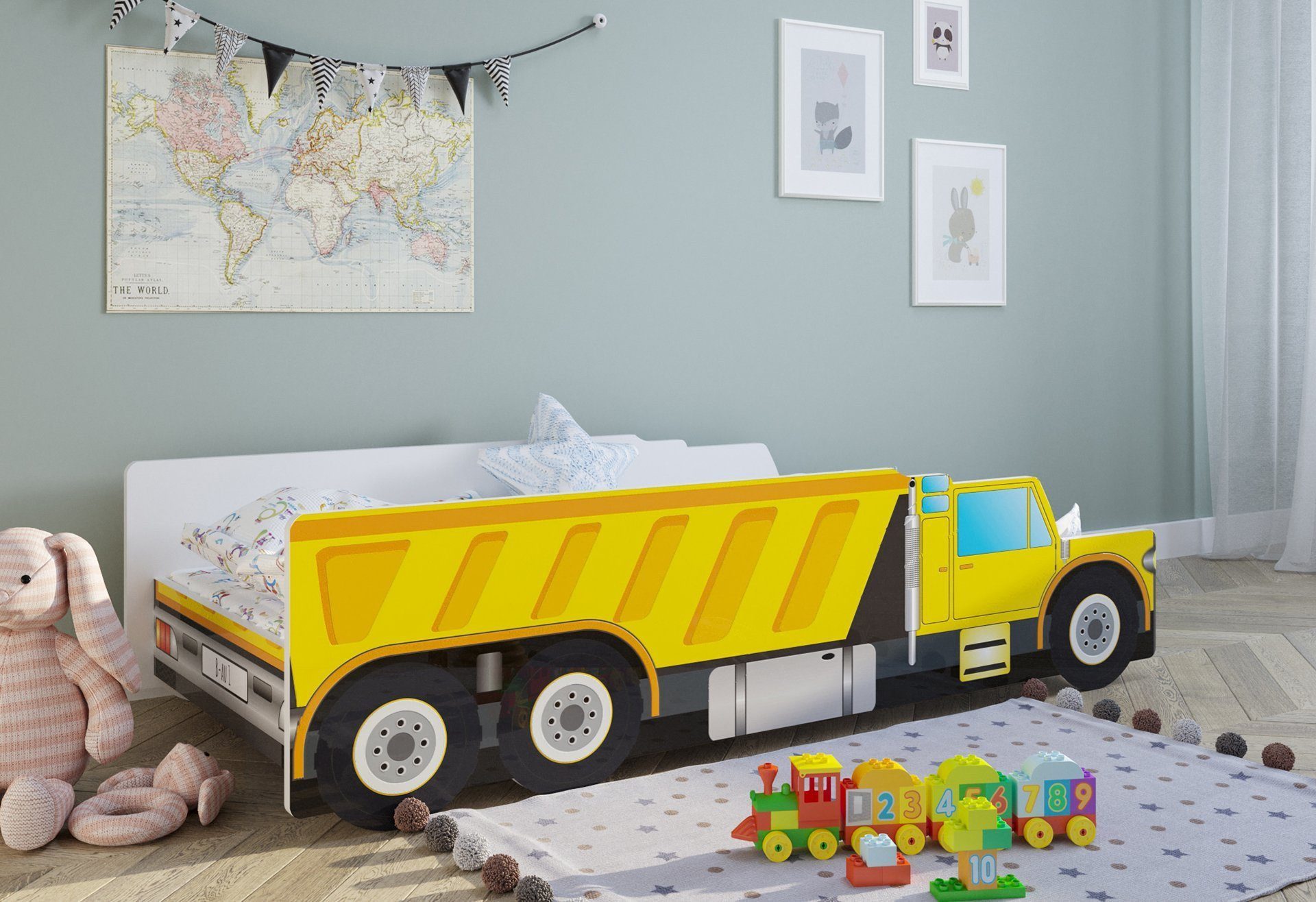 Autobett Kinderbett Jugendbett Baustelle in 70x140 80x160 mit Rausfallschutz