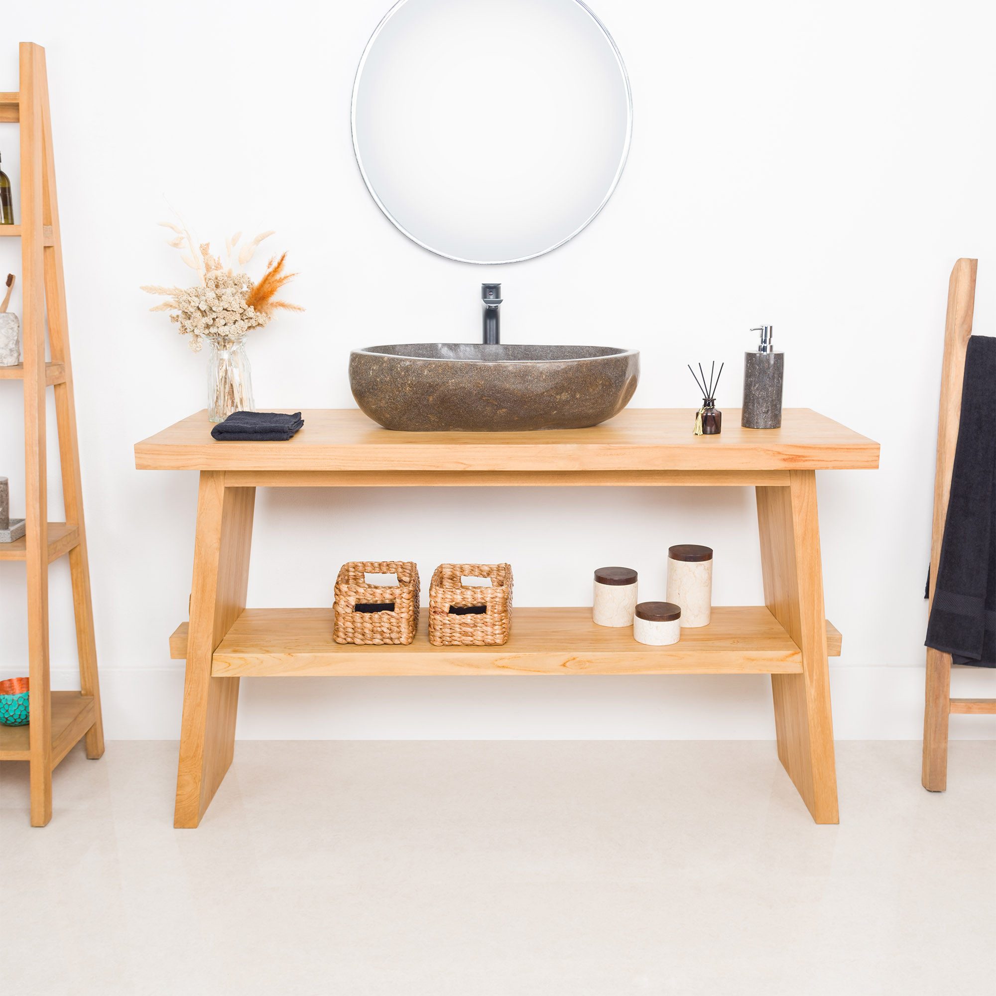 wohnfreuden Waschbeckenunterschrank Teakholz Waschtisch ZEN 140 cm extra hoch