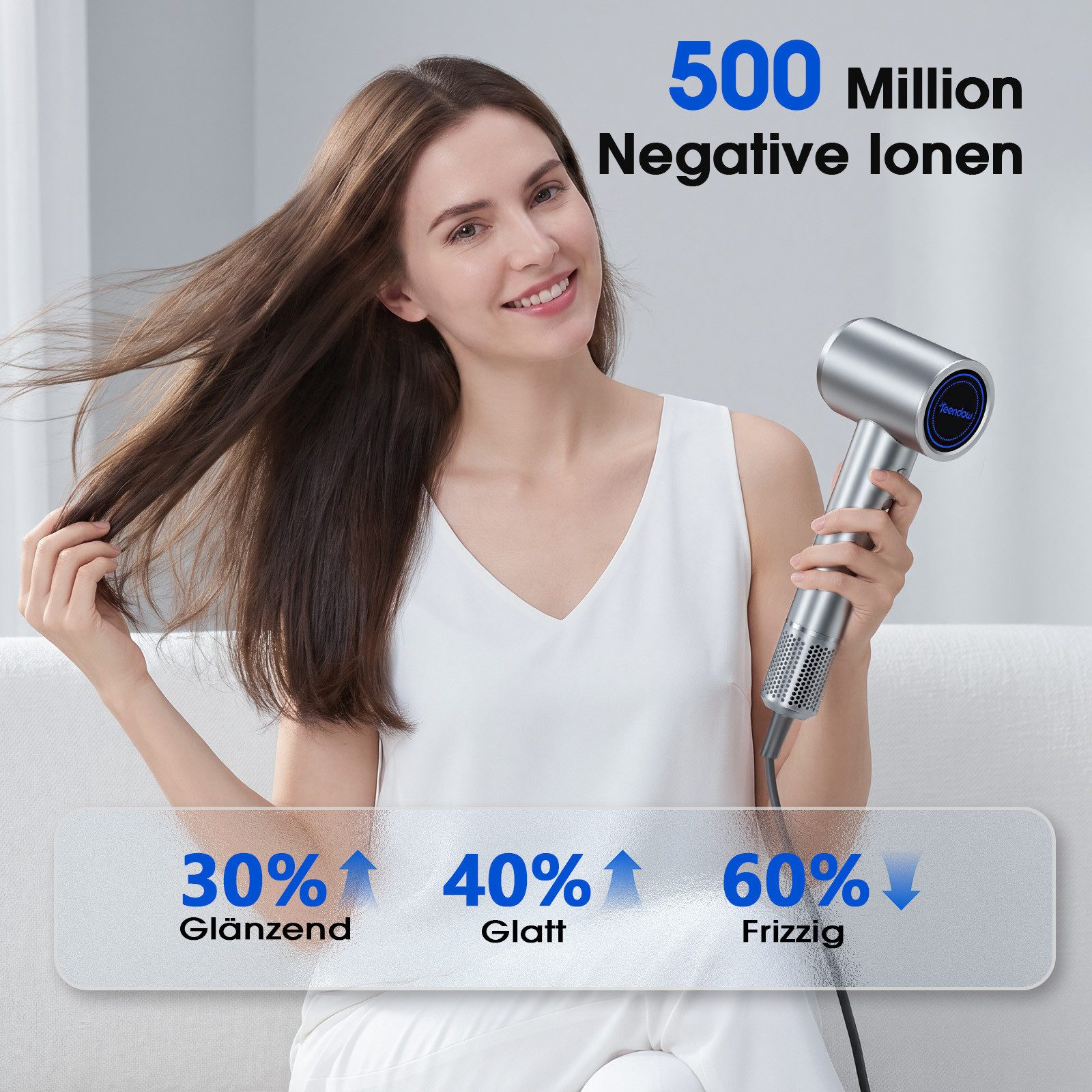 Teendow Haartrockner Haartrockner HD40 Hochgeschwindigkeit Diffusor LED-Anzeige Ionen, 1500 W, Magnetdüse, Diffusor, Ionen-Technologie, Leise Betriebslautstärke, Schnelltrocknung