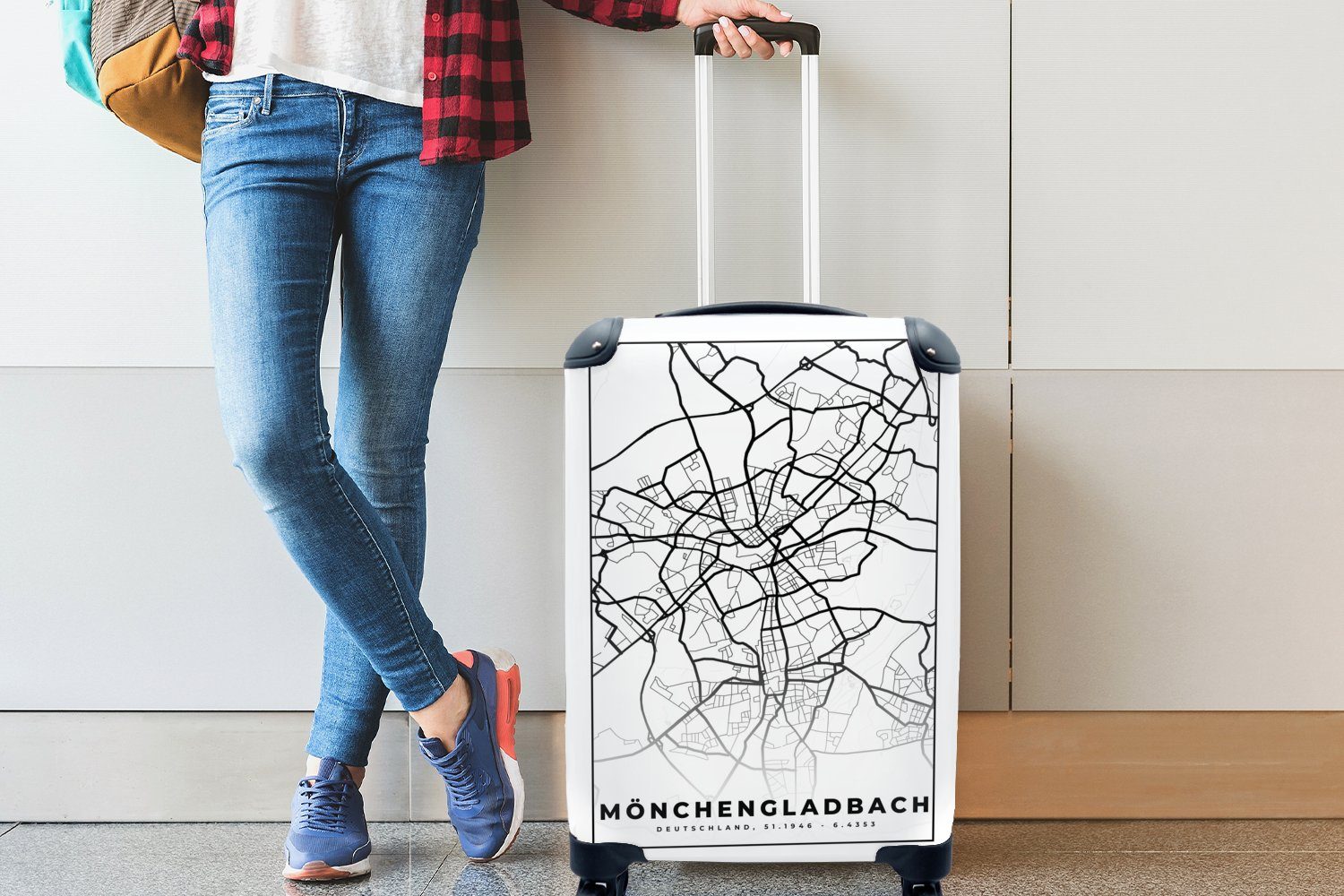MuchoWow Handgepäckkoffer für Ferien, Rollen, Trolley, - Stadtplan, 4 Reisekoffer Karte Mönchengladbach Handgepäck rollen, Reisetasche mit 