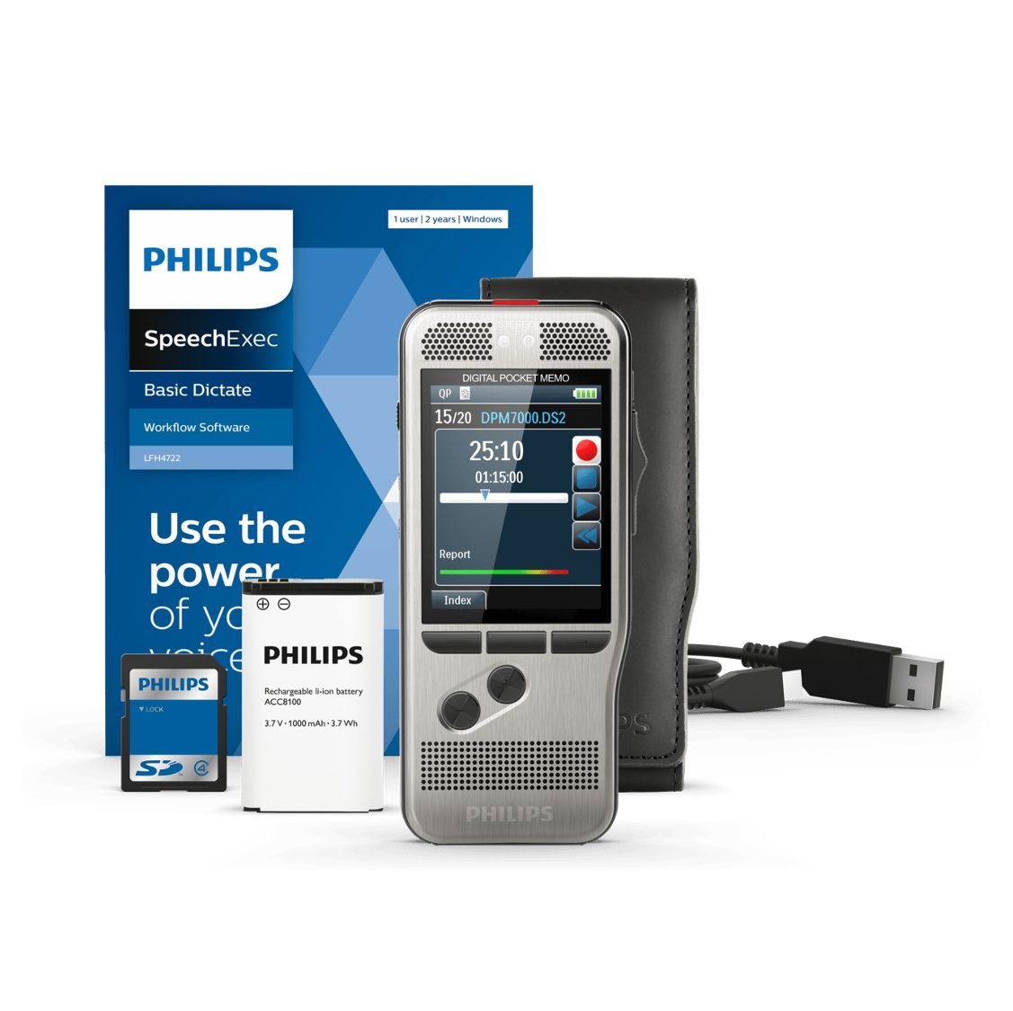 Philips PocketMemo DPM7200 Digitales Diktiergerät (Edelstahl-Gehäuse, Schiebeschalter, SpeechExec Software)