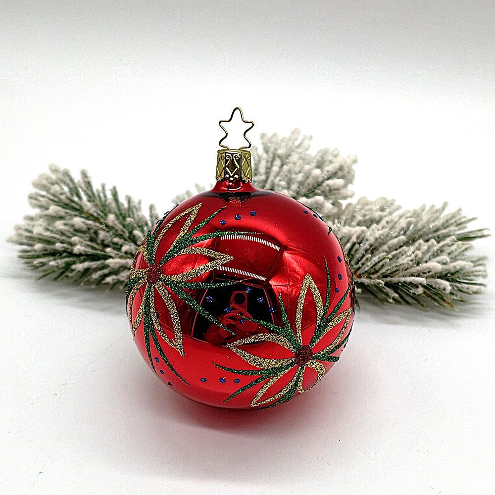 INGE-GLAS® Weihnachtsbaumkugel Christbaumkugel Blütenzauber rot glänzend Ø 8cm (1 St), mundgeblasen, handbemalt