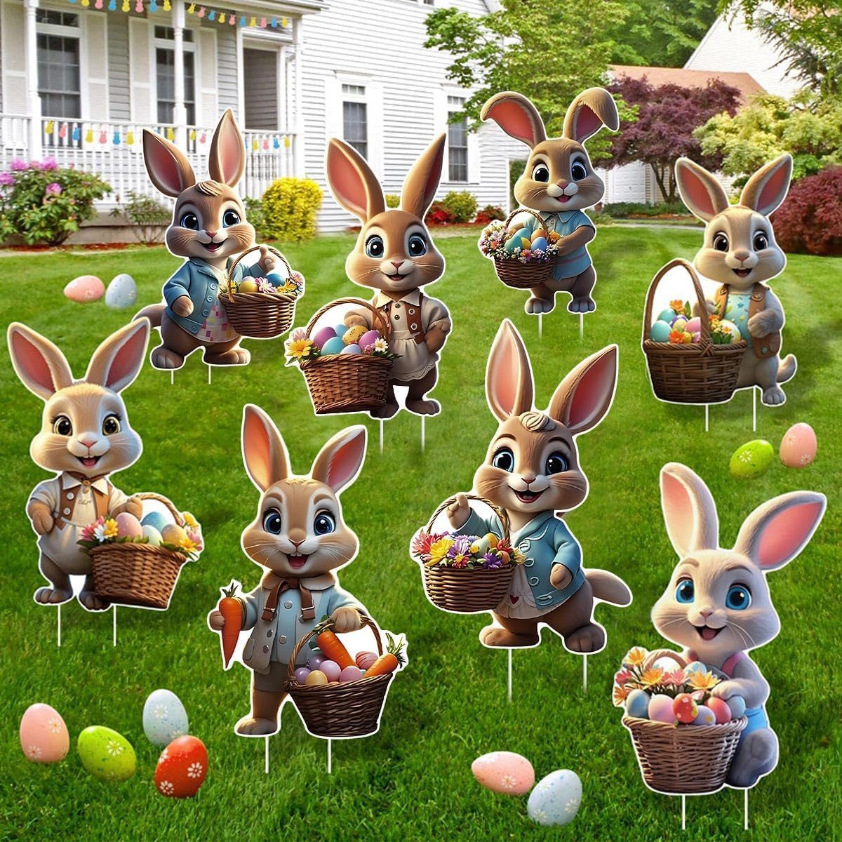 FOUORTUNATE-BEE Gartenstecker 8 Osterhasen-Gartenstecker – Wetterfeste Osterdekoration (8-St) 2D Oster-Gartenschilder für Rasen, Hof und Garten