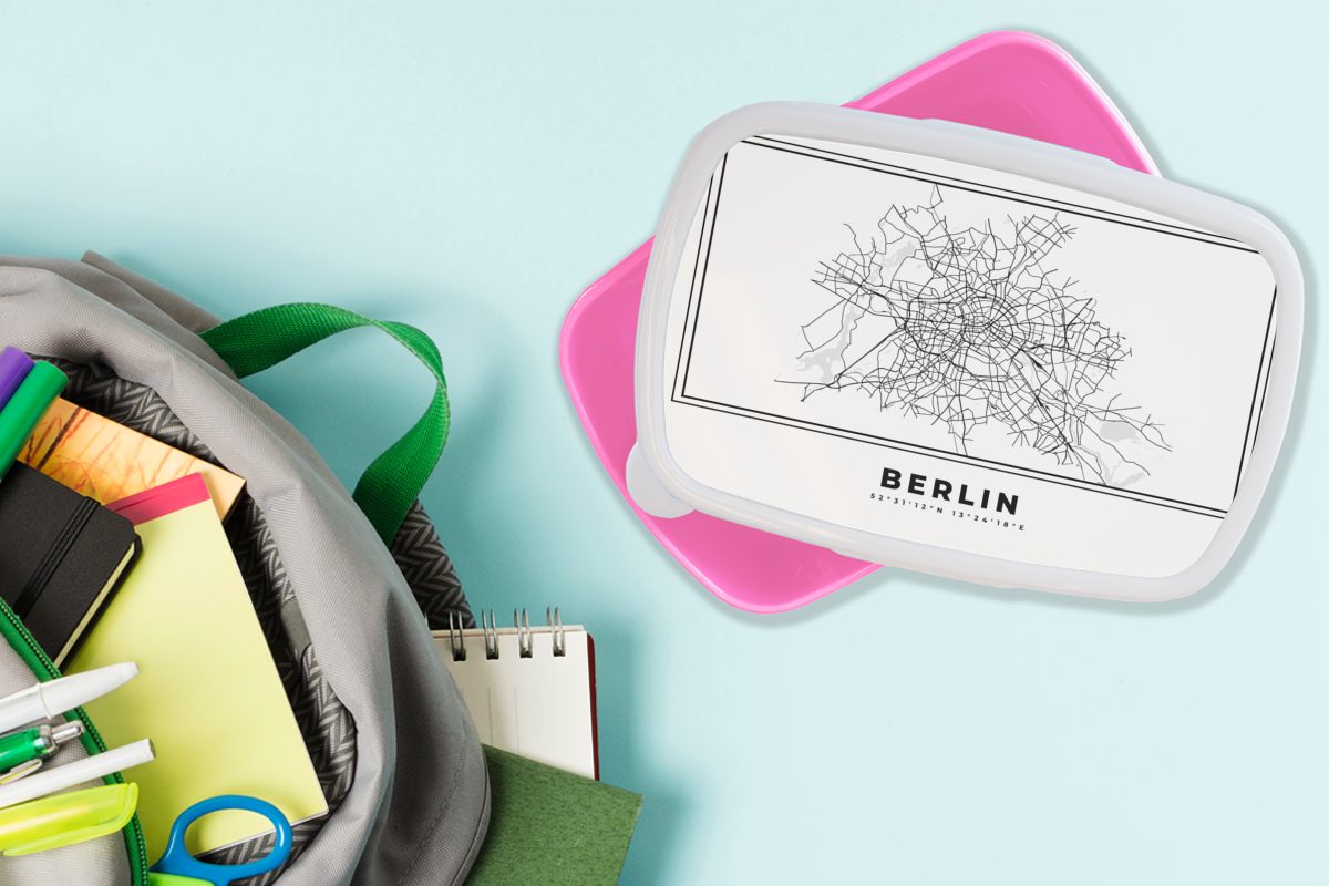 Berlin, (2-tlg), Lunchbox Stadtplan Deutschland - Kunststoff Schwarz rosa Brotbox und Mädchen, - Kunststoff, Brotdose Kinder, weiß Karte für - MuchoWow - Erwachsene, Snackbox,