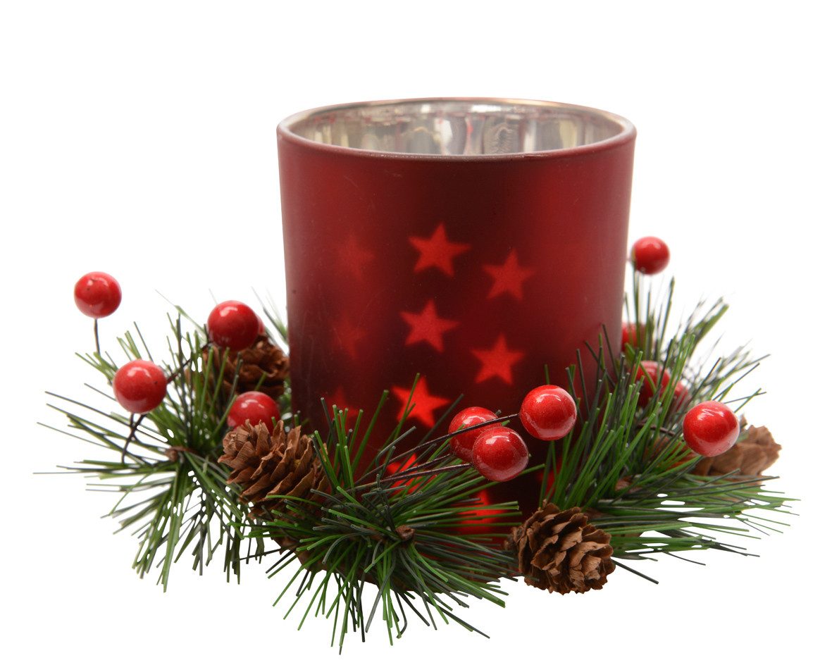 Kaemingk Windlicht, Windlicht Glas mit Adventsgesteck 8cm, rot