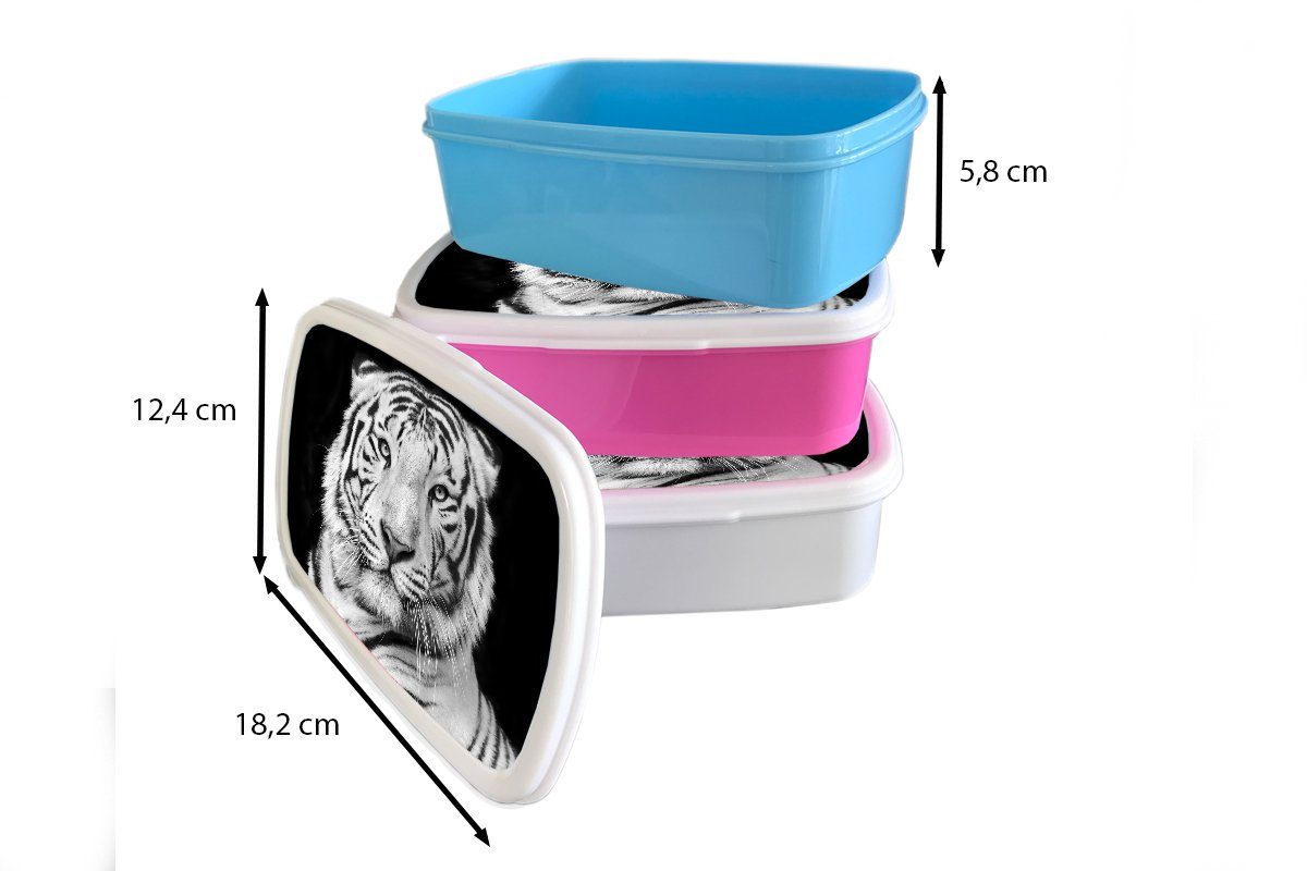Brotbox Mädchen - für - Porträt - MuchoWow Kinder Lunchbox für Erwachsene, Tiger (2-tlg), Jungs und Kunststoff, Weiß Schwarz Tiere, Brotdose, und -