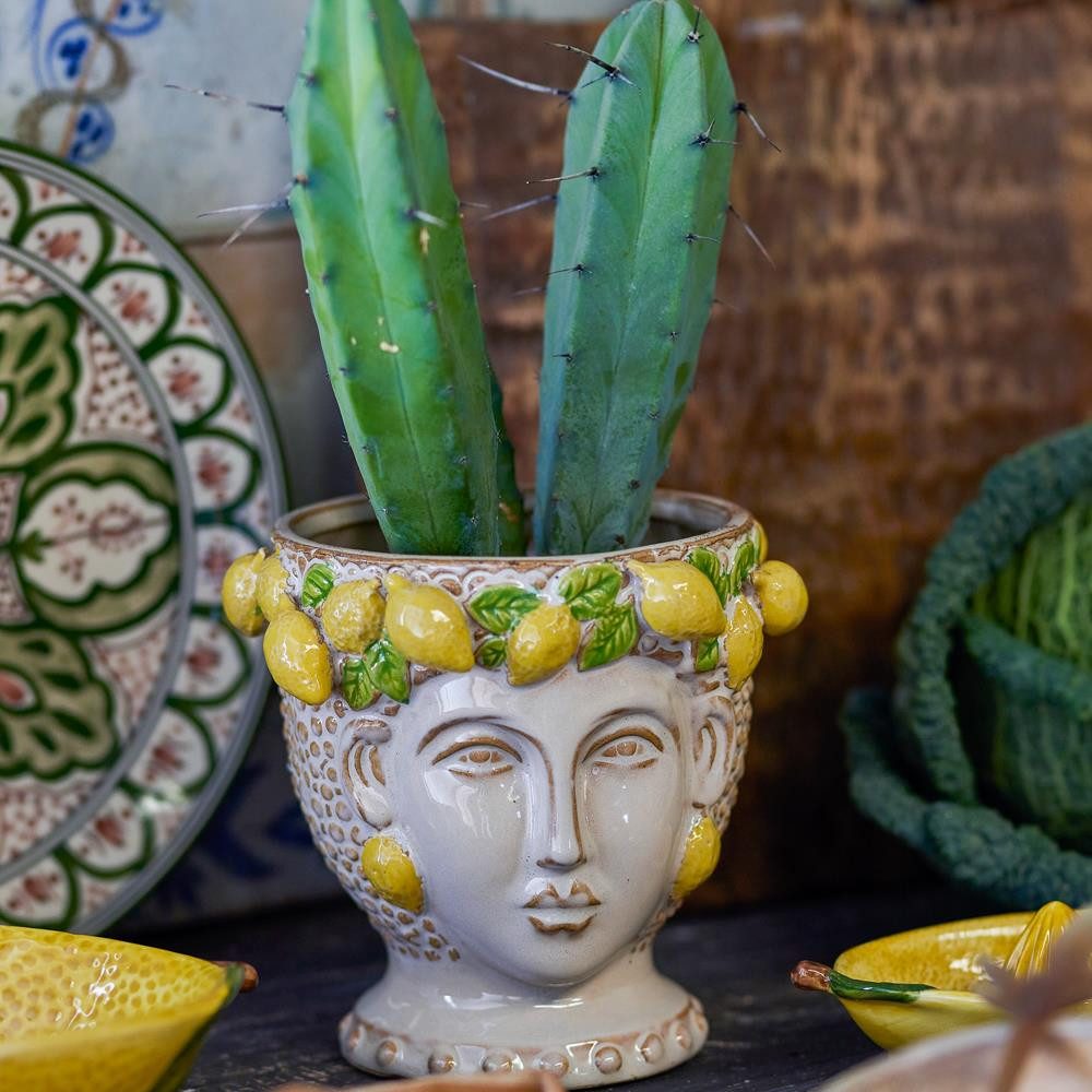 Bloomingville Blumentopf Limone Gelb, Steingut, Pflanzgefäß, Keramiktopf, Zitronen Design, Frauenkopf Deko, Mediterran
