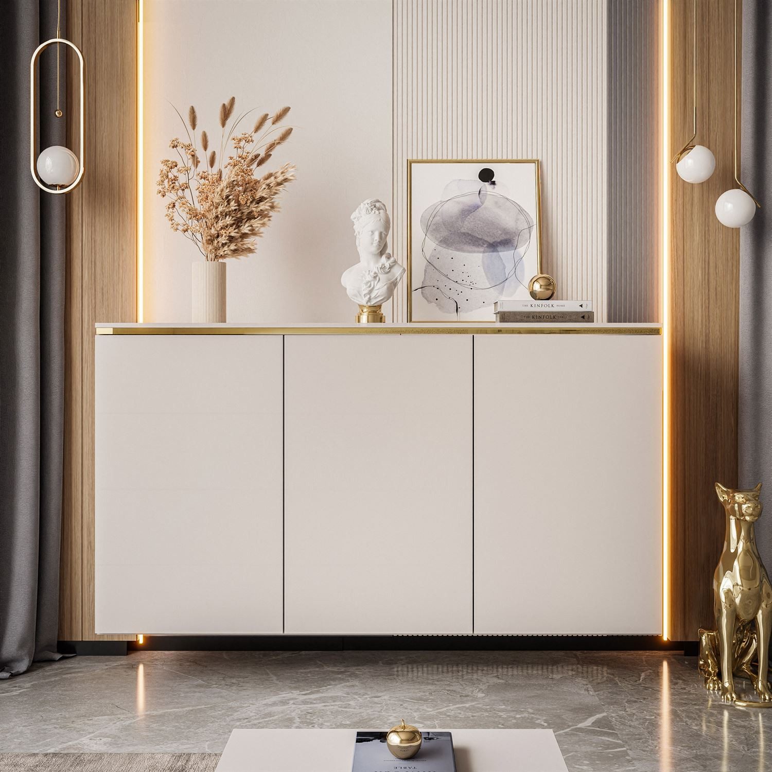 Lookway Kommode AURORA II Kaschmir Hängende Anrichte mit Dreitürige oder auf Beinen, 140x76/90/91x40 cm – Bild 5 von 5