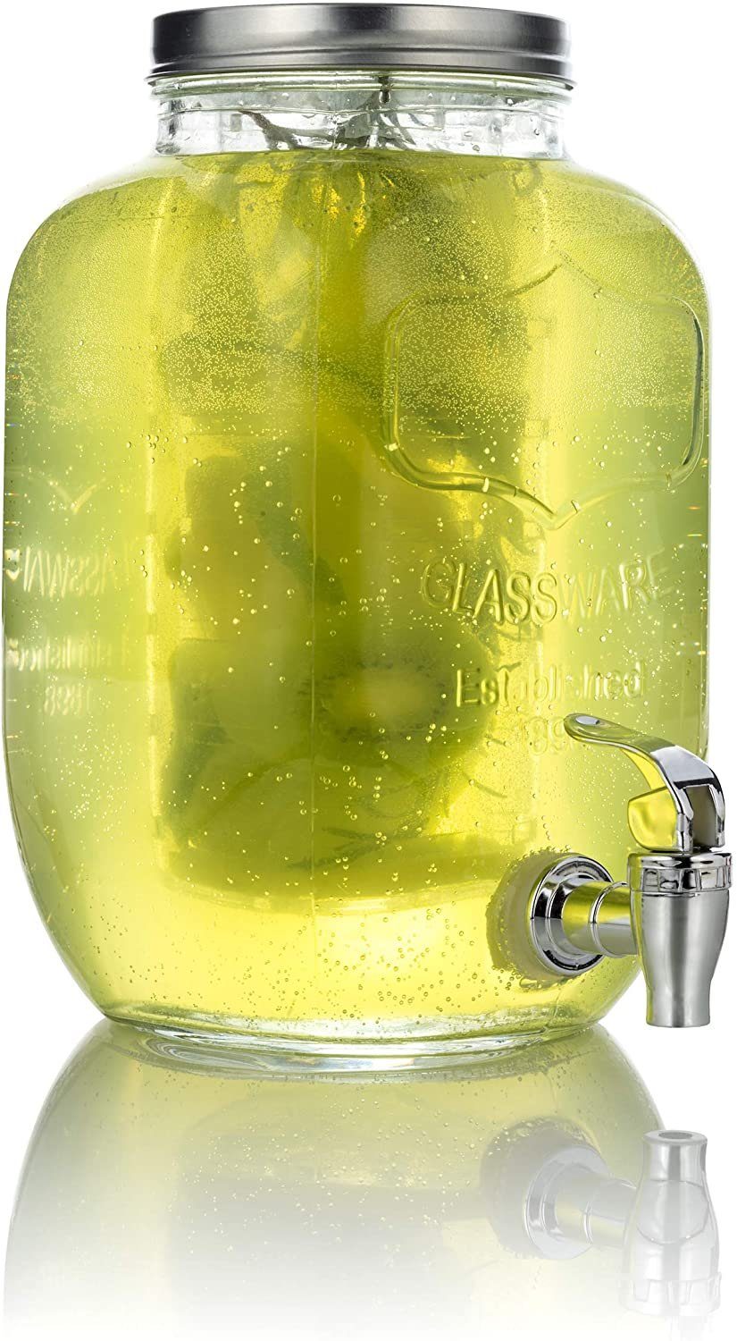 Mary's Kitchen Tools Getränkespender 4 Liter aus Glas mit Fruchteinsatz, mit Zapfhahn, Wasserspender, Limonadenspender, Saftspender, Bowle, Dispenser, Einmachglas-Design (4 Liter)